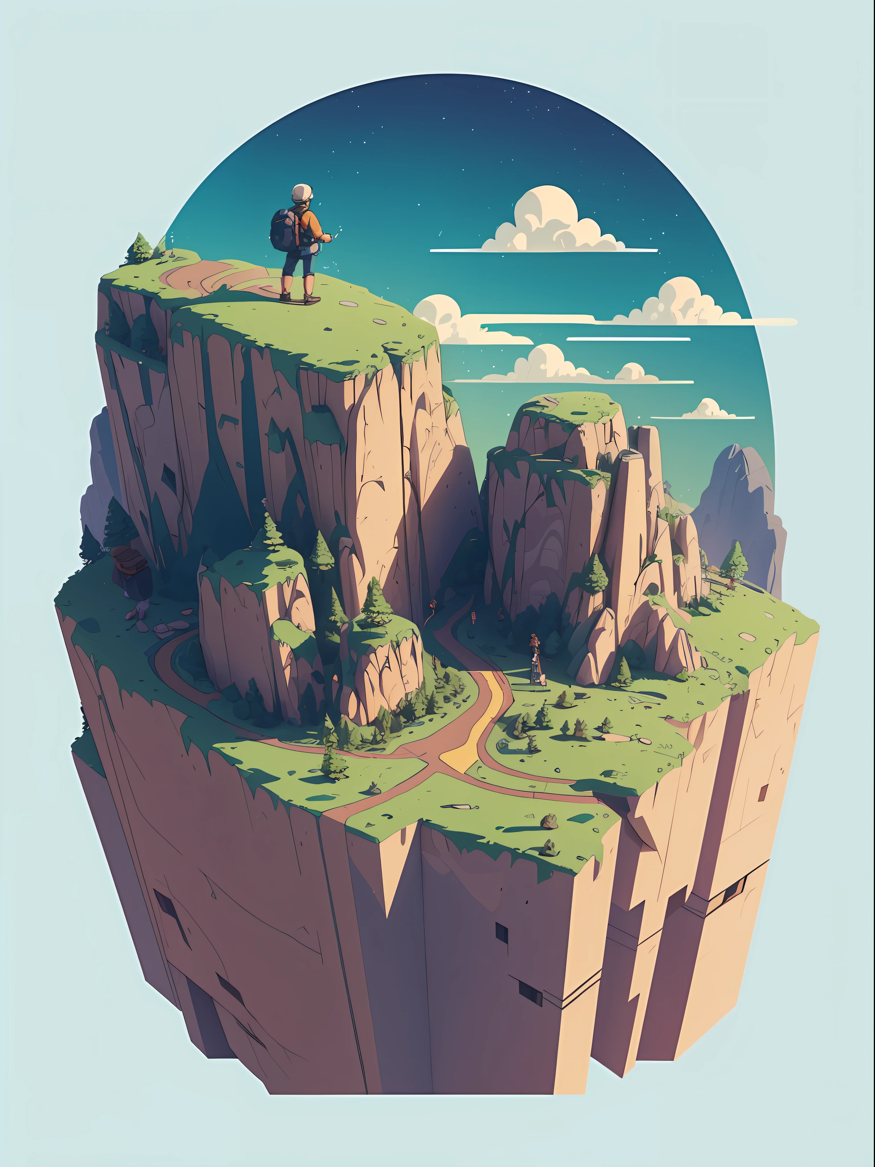 A detailed illustration of a hiker, wearing a backpack, style cartoon, colors, two-dimensional, planar vector, character design, T-shirt design, stickers, colorful splashes, and T-shirt design, Studio Ghibli style, soft tetrad color, vector art, fantasy art, watercolor effect, Alphonse Mucha, Adobe Illustrator, hand-painted, digital painting, low polygon, soft lighting, aerial view, isometric style, retro aesthetics, focusing on people, 8K resolution, using Cinema 4D