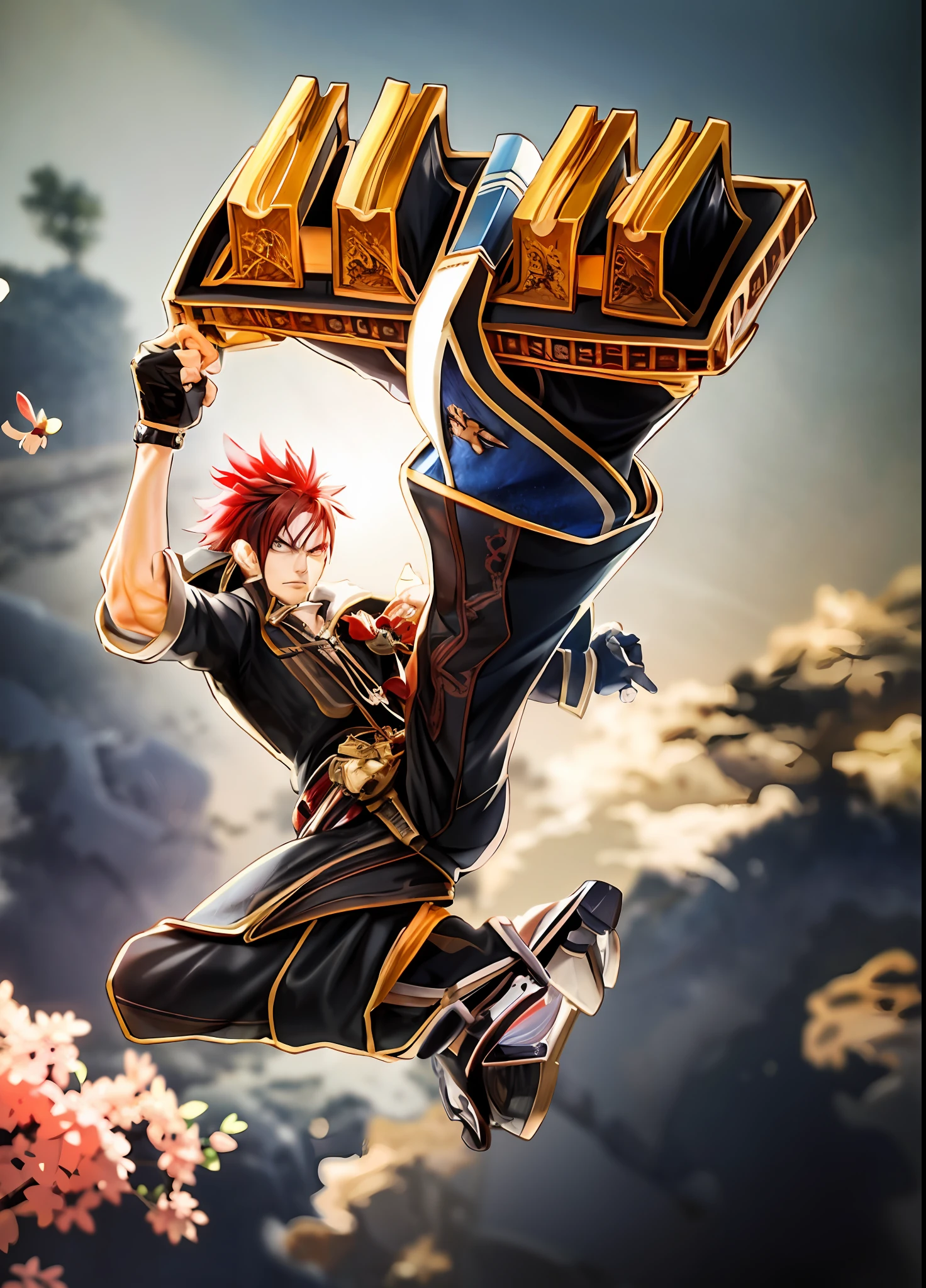 anime character with red hair jumping in the air with a sword, high detailed official artwork, key visual, key art, badass anime 8 k, fighting game character, anime key art, 4 k manga wallpaper, key anime art, 3 d render official art, detailed key anime art, anime style 4 k, of virtua figther, key art anime sharp focus
