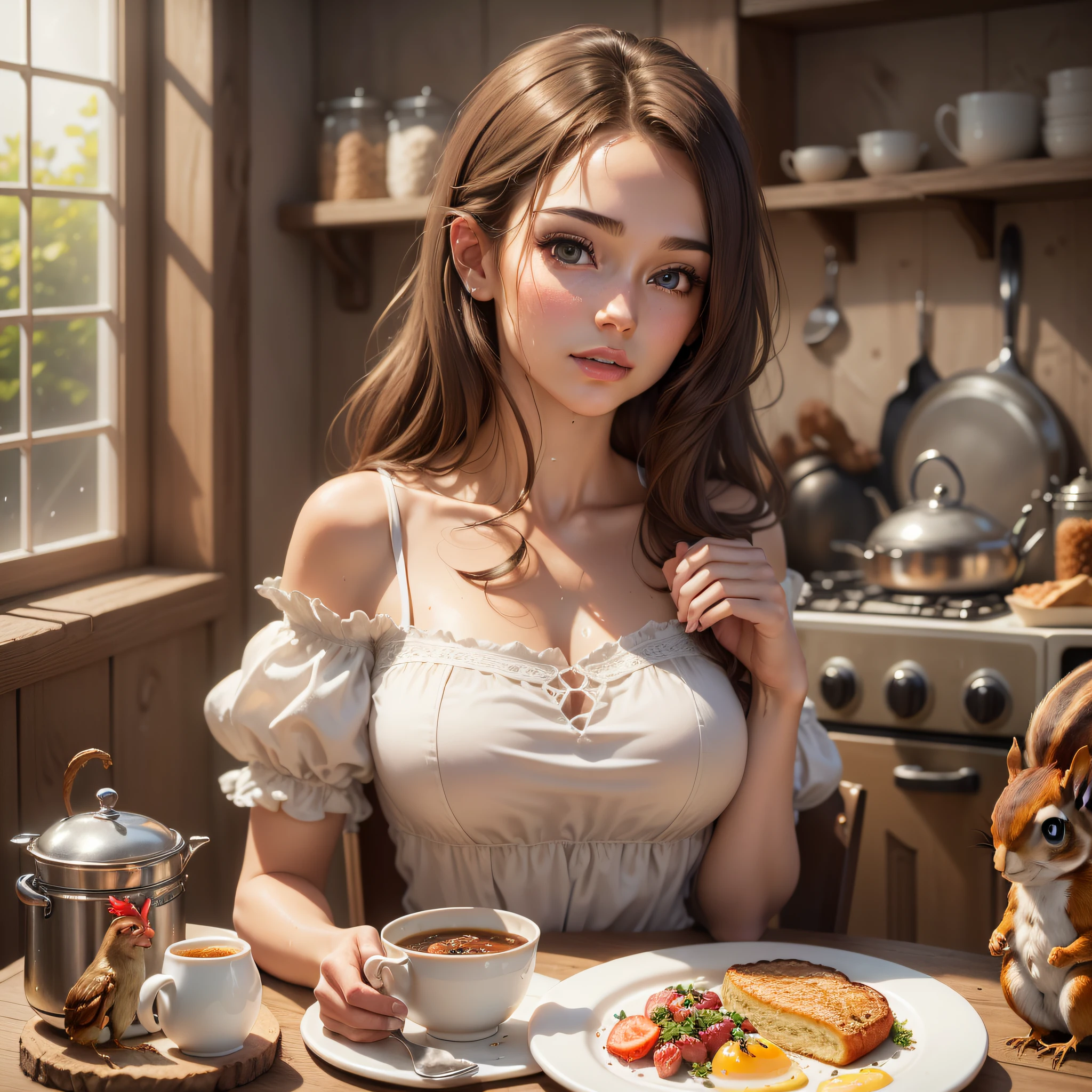 (((night, realistic light, best quality, 8k, masterpiece: 1.3)), 1girl, beautiful woman with slender figure: 1.4, abs: 1.1, (brown hair, gigantic breasts: 1.4), wet white dress: 1.3, bathroom, ultra-detailed face, detailed eyes, double eyelid, having a breakfast at the kitchen table with a beautiful fairy, a squirrel boy, a toasted man, beautiful girls and an old chicken.