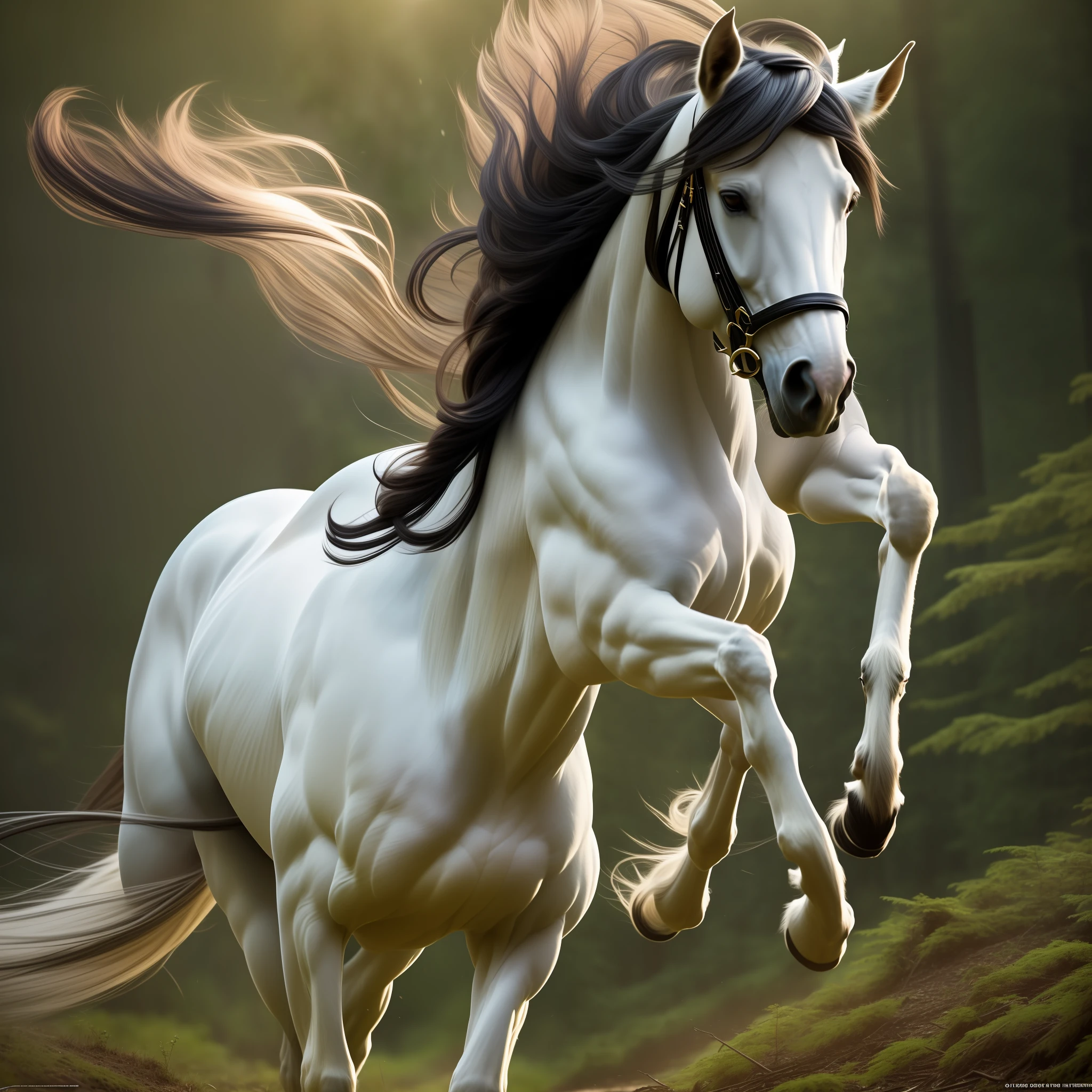 (extremely detailed CG unit 8k wallpaper, masterpiece, best quality, ultra-detailed), better lighting, an extremely delicate and beautiful floating, half horse creature, dynamic angle, dynamic pose, creature horse), (black mane: 1.2 + black hair), flowing white clothes, (forest clearing: 1.2|mountain: 0.9), golden hour lighting, volumetric light, wide shot.