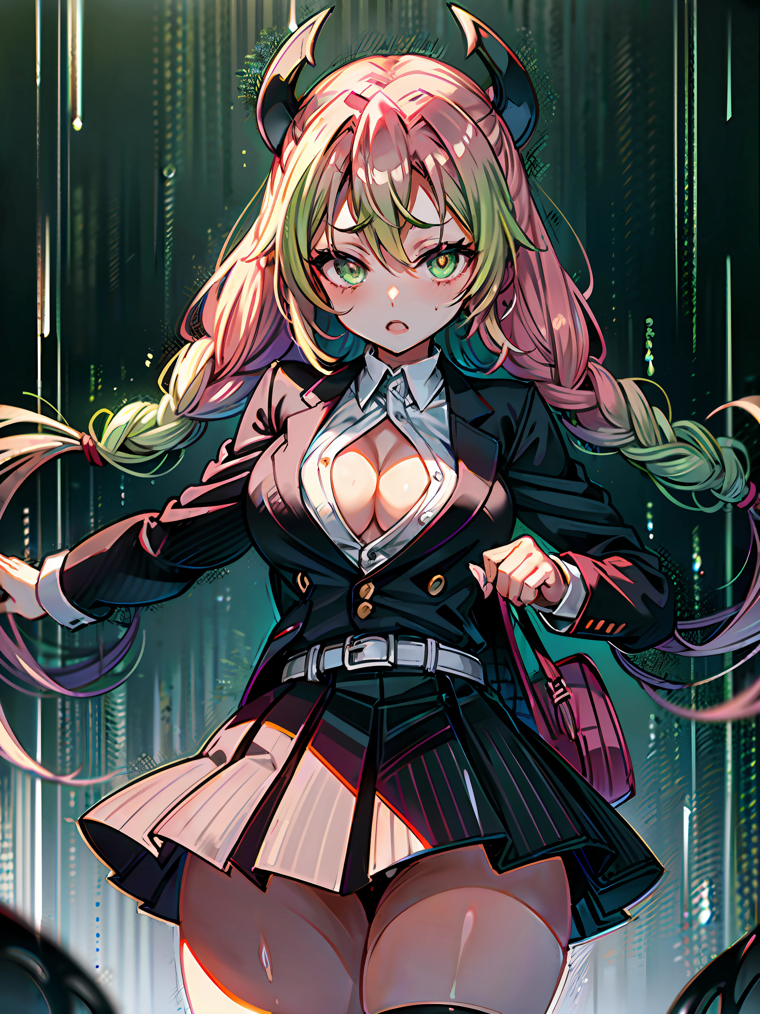 masterpiece, top quality, best quality, (sexual), 1girl, (upper body), (standing), Mitsuri, (gradient hair color), (long hair), seductive expression, sultry face, (love goddess), green eyes, (erotic),, cleavage, (demon slayer uniform), white jacket, (mini skirt), black skirt, (forest), (dark forest), (rain), (ominous),