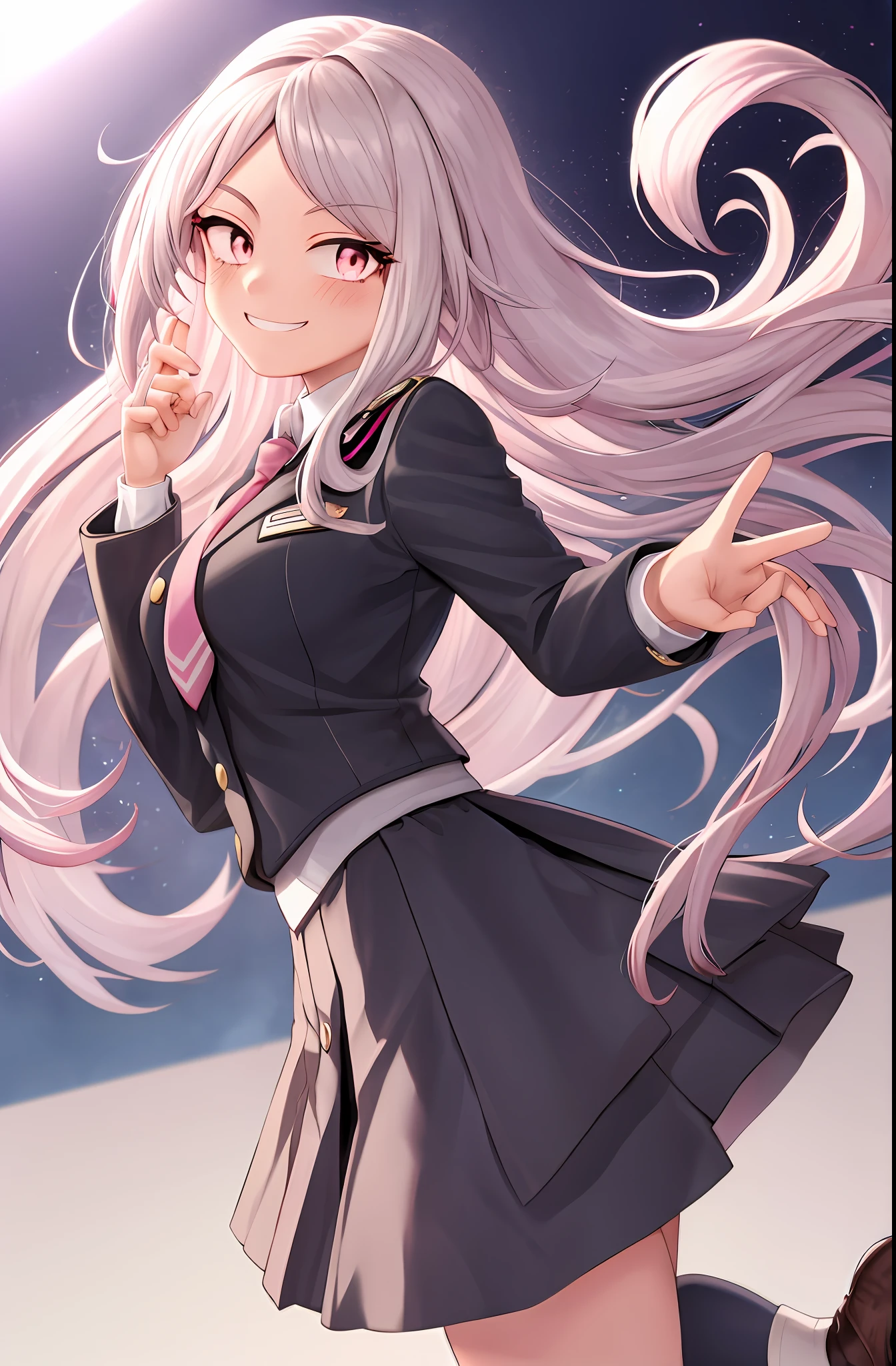 , Boku no hero academia style, Original character , 1 girl, idol, Yuei uniform woman, long white hair, pink eyes with Star, blurred, yuei in the background, school uniform, face smiling a little, face, mouth close, pink eyes with star, long hair, smooth hair, white shirt, red tie, dark green skirt, black tights, brown shoe, gray jackets,