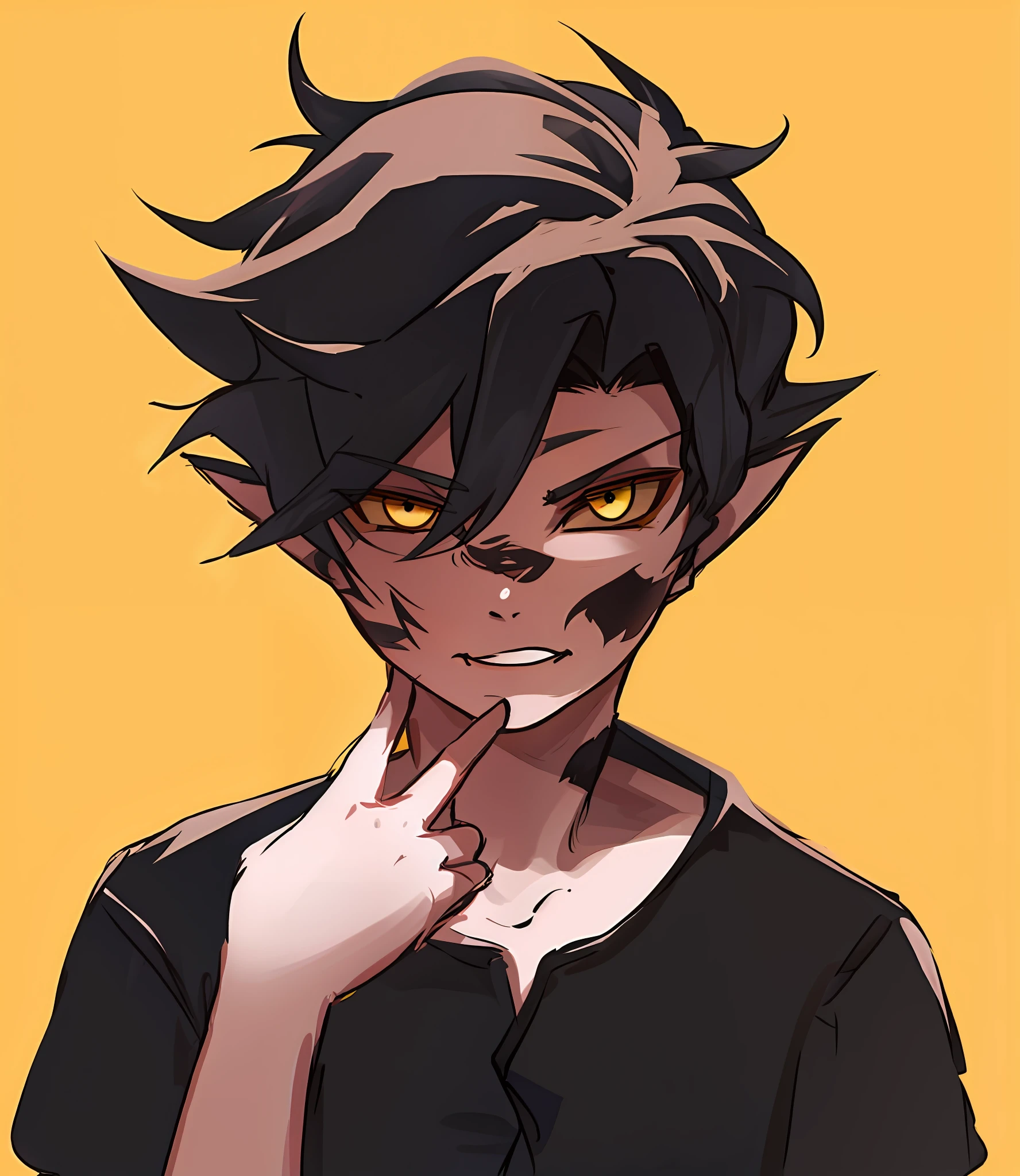 a close up of a person with a black shirt and yellow eyes, handsome japanese demon boy, demon boy, portrait demon half human, dark pit, handsome guy in demon slayer art, inspired by Okumura Masanobu, anime style character, evil looking, flat anime style shading, male anime style, 2 d anime style, with glowing yellow eyes --auto --s2