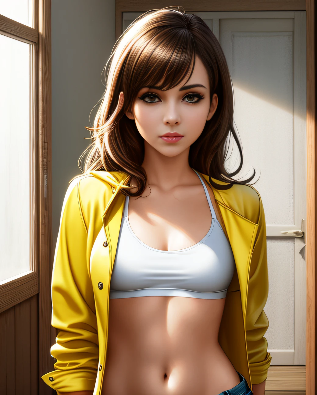 a woman with a yellow jacket and jeans on is holding a white shirt over her shoulders and looking at the camera, Aramenta Dianthe Vail, yellow, a picture, lowbrow, 1girl, 3d, breasts, brown_eyes, brown_hair, denim, door, indoors, jacket, lips, long_hair, medium_breasts, navel, no_bra, open_clothes, open_fly, photo_\(medium\), photorealistic, realistic, solo, underboob, small breasts, small chest