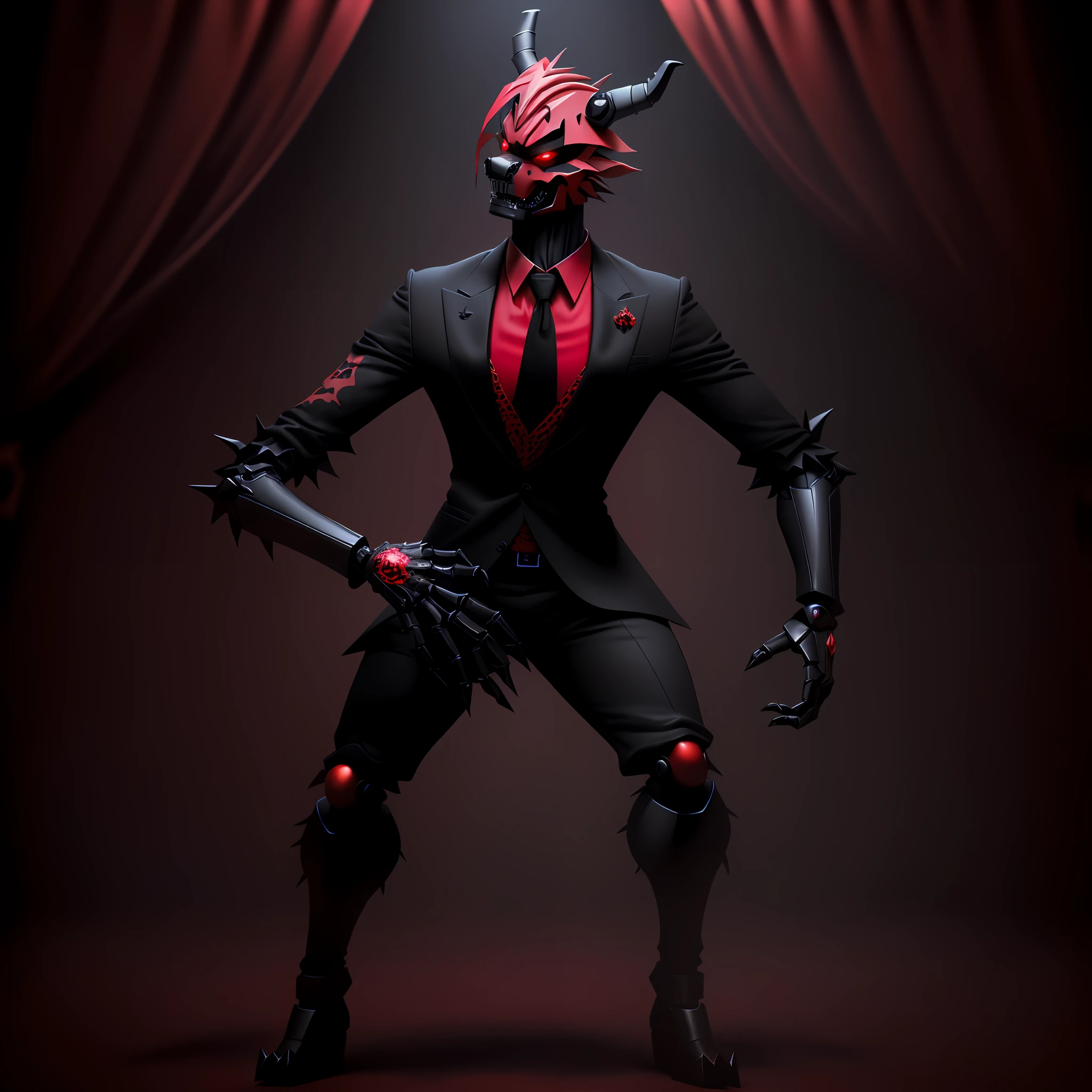 there is a black and red picture of a demonic creature, nightmare render, rendered in sfm, animatronic, sfm render, depicted as a 3 d render, full body render, inspired by Alfred Freddy Krupa, animatronics, fully posable, high res render, horror animatronic, fnaf, complete detailed body