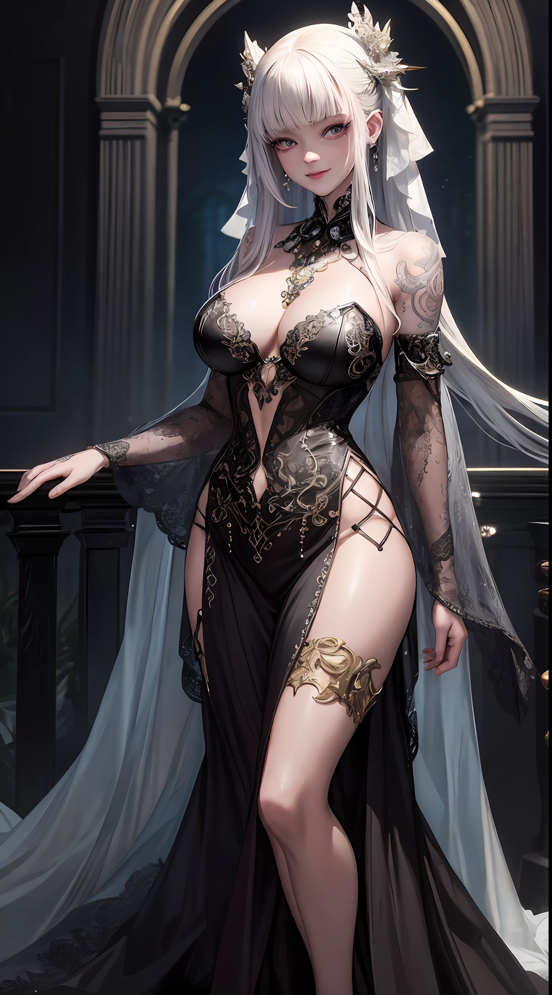 masterpiece, detailed illustration, top quality, exquisite, anime style, disfigured, mostly big chest hottie beautiful albino girl, 20 years old, full body, side shot, piercings all over, detailed tattoos all over, crystal dress, gentle smile, depth of field, pixiv, oil painting, high quality, 8K, elaborate, unreal engine 5, ornate, super detailed, edge lighting, highly detailed, fine detail