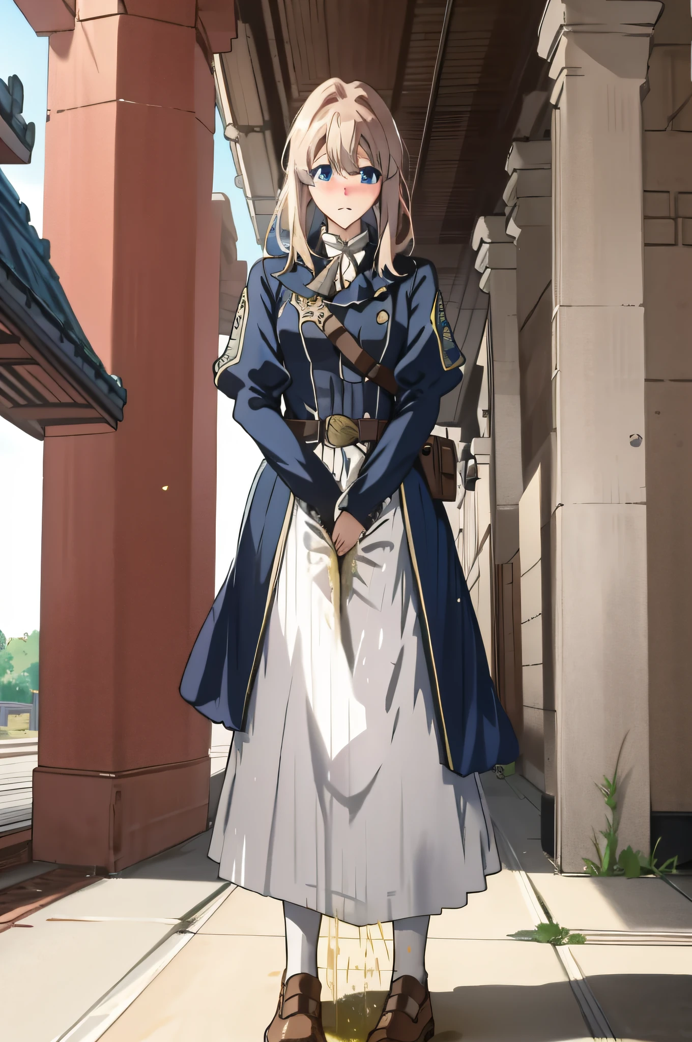 full body, peeing self, have to pee, train station, standing, worried, blushing, shy, puddle of urine, violet_evergarden, blue_eyes, humiliated,