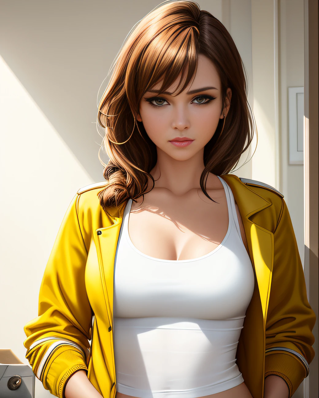 a woman with a yellow jacket and jeans on is holding a white shirt over her shoulders and looking at the camera, Aramenta Dianthe Vail, yellow, a picture, lowbrow, 1girl, 3d, breasts, brown_eyes, brown_hair, denim, door, indoors, jacket, lips, long_hair, medium_breasts, navel, no_bra, open_clothes, open_fly, photo_\(medium\), photorealistic, realistic, solo, underboob, small breasts, small chest