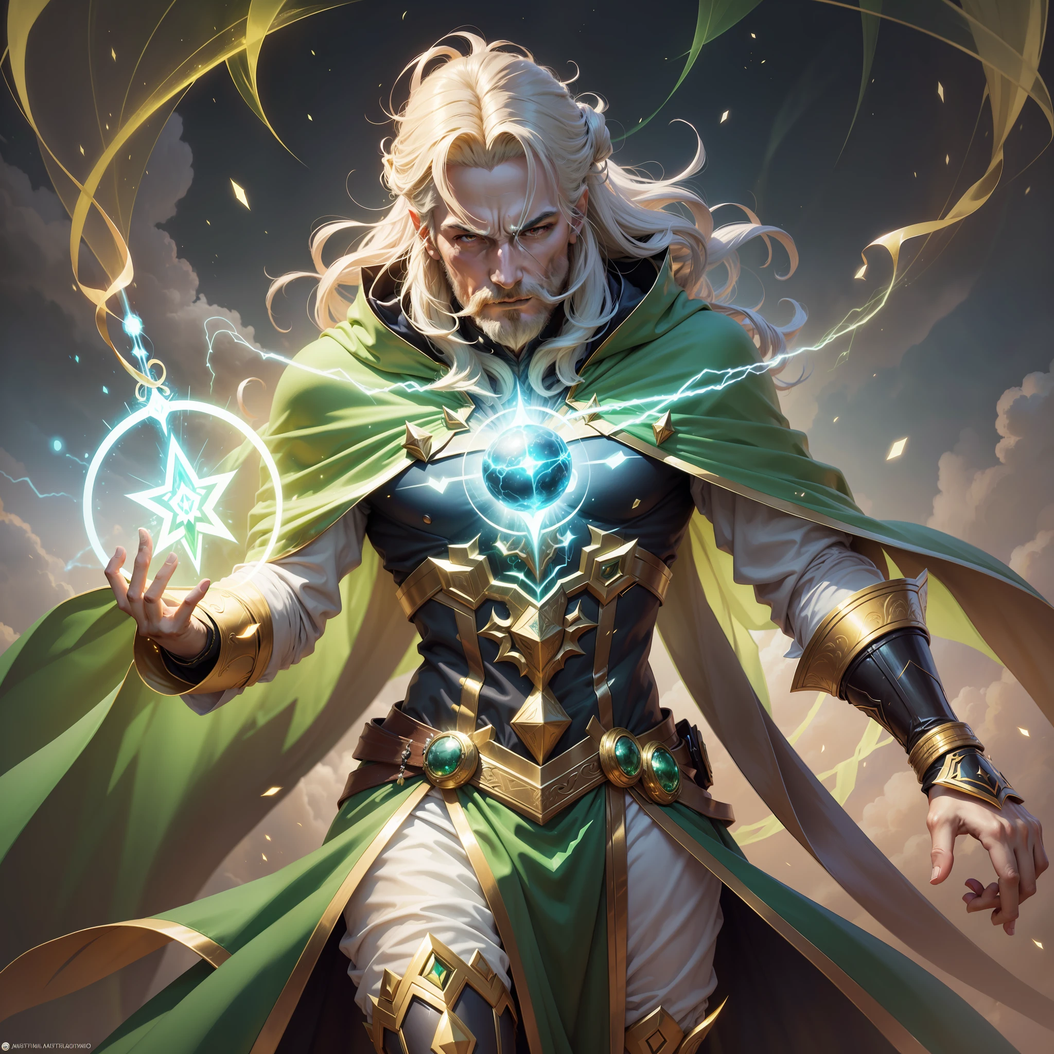 Imagine a powerful wizard wearing a green and gold costume with a futuristic twist. The costume should be composed of lush green fabrics, which glow with a golden aura, emanating a sense of magic and technology combined. The magician must have a wise and enigmatic appearance, with a long white beard and flowing hair.

The green and gold costume should be adorned with mystical symbols and luminous runes, which flash with arcane technological energy. His green cape, with gold details, should be elegant and majestic, suggesting the power he controls.

In his hand, the magician must hold a crystal staff, with a floating golden sphere on top, emitting a soft and mysterious light. The staff should be intricately carved with futuristic details, showing its connection to advanced technology.

In the background, create a magical and technological setting, with towers towering into the sky, covered in green and gold luminous patterns. Energy-laden clouds float in the sky as beams of light pass through the environment, creating a mystical and enchanting atmosphere.

Make sure the image depicts the magician in a confident and powerful pose, as if he were about to conjure an epic spell or unleash an incredible spell. Get creative with the futuristic details of the costume and setting, to give the image a sense of advanced magic and abilities beyond time.

Feel free to add additional elements to make the wizard even more captivating, intriguing and unique --auto --s2
