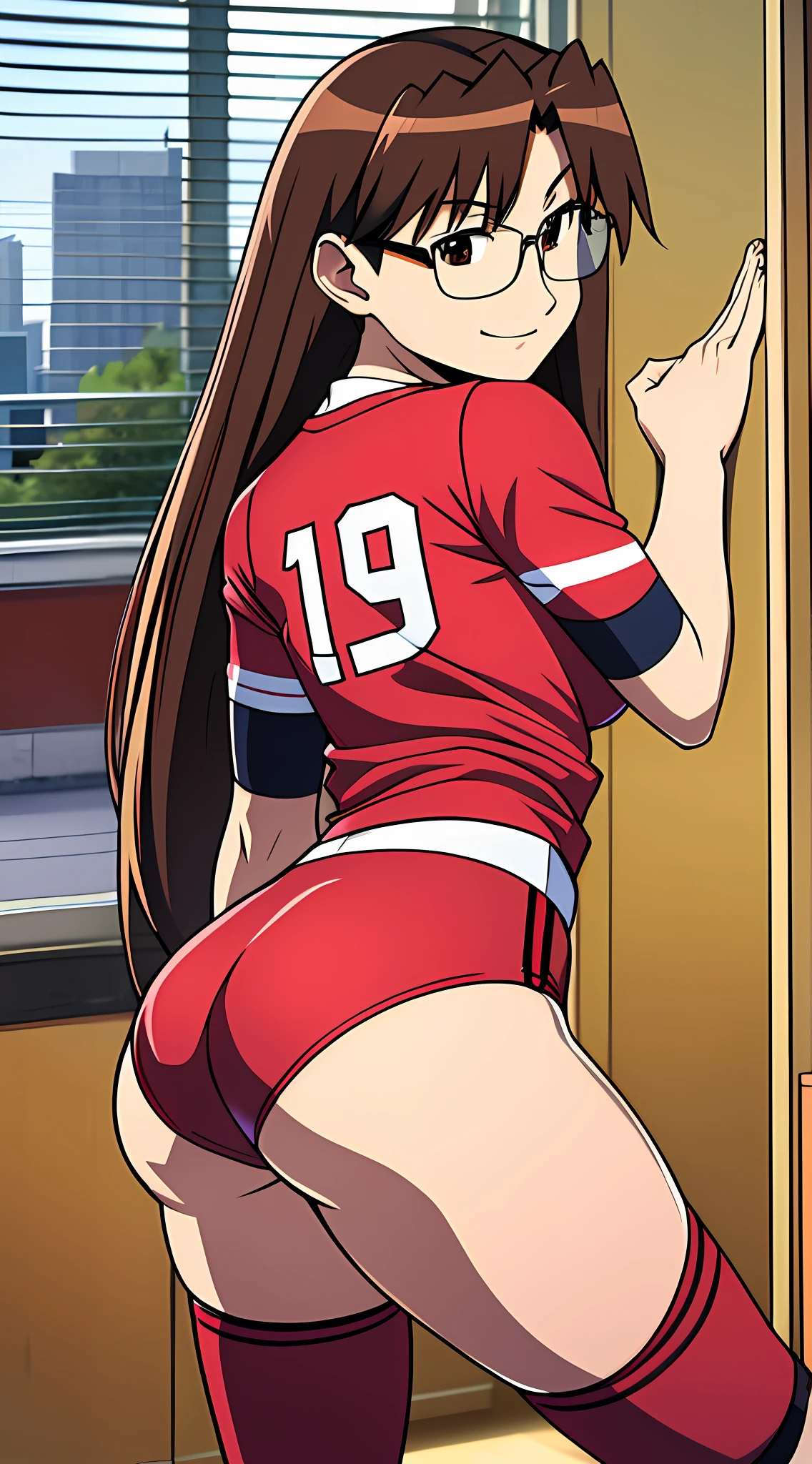 Koyomi Mizuhara, Brunette hair, long hair, glasses, medium breasts, bra underneath, medium ass, volleyball tight shirt, tight underwear, socks, sneakers, smirking, view from behind, room background, posing, showing her butt, tight ass volleyball underwear wedgie set