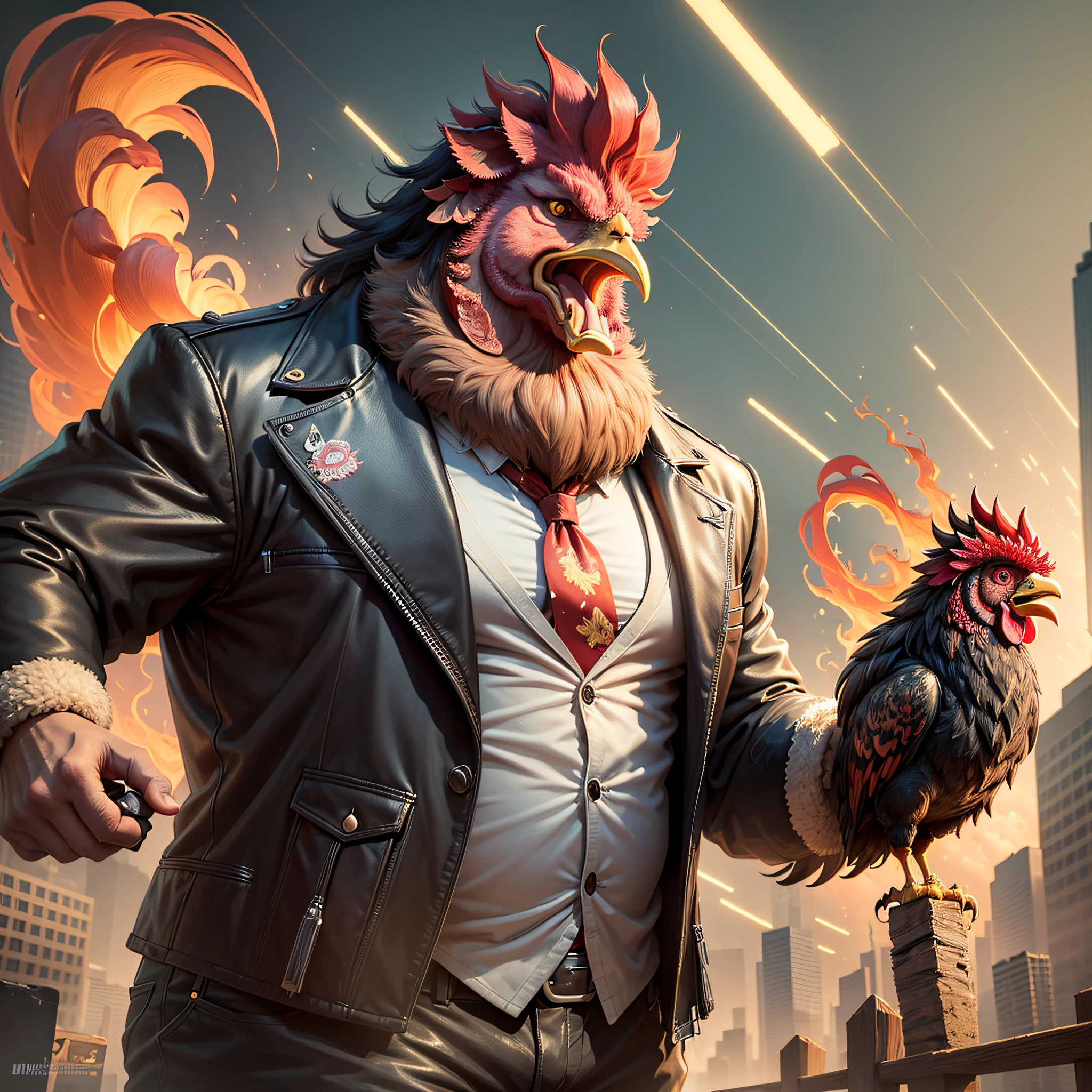 ((best quality)), ((ultradetailed)), ((masterpiece)), illustration, theme: animal mafia, animal: angry rooster, build: very fat big comb big wattles hold burger eating bacon: jacket, expression: fierce, screaming, period view: looking forward 3/4, background: dark and sandy atmosphere, resolution: 8K --auto --s2
