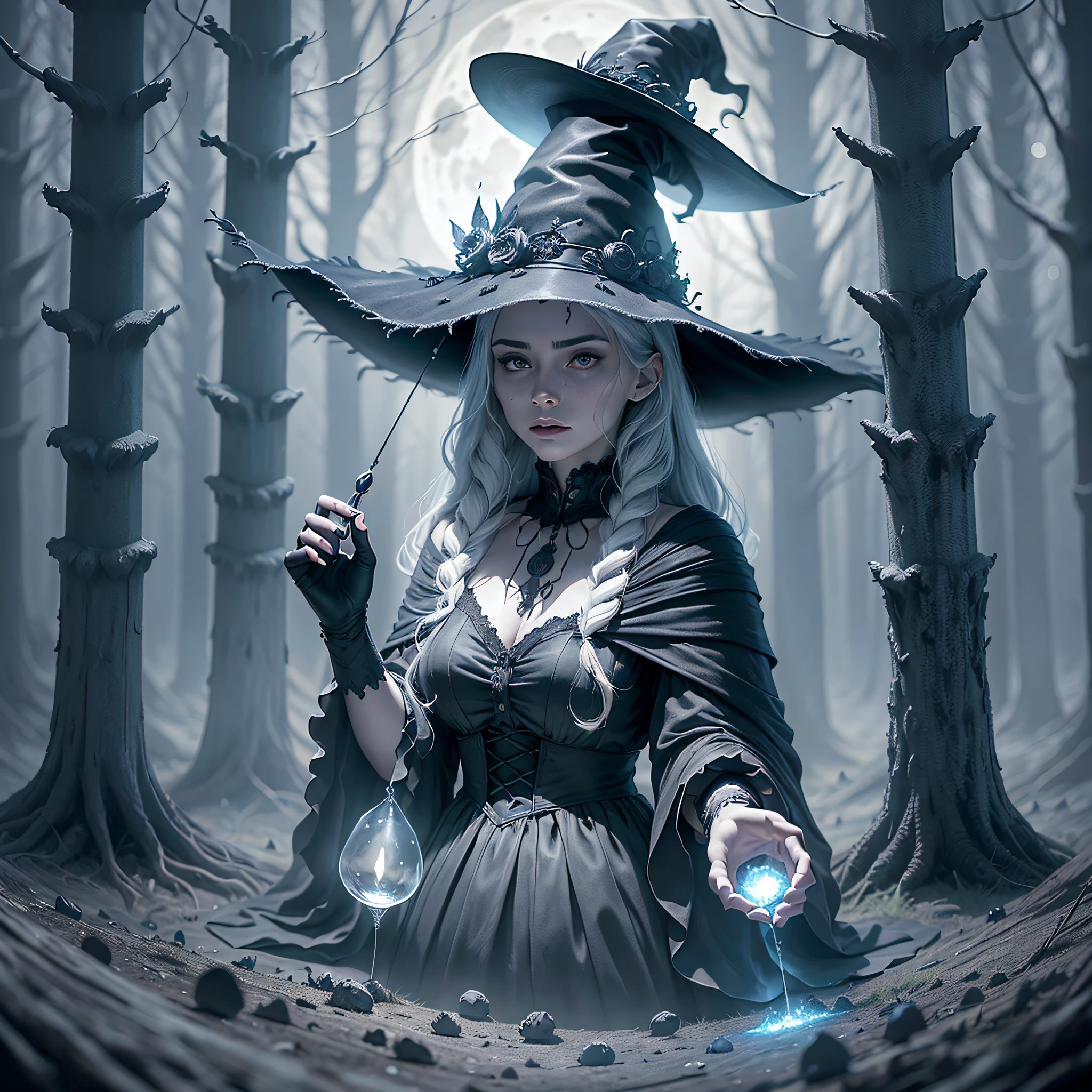 "Witchy Coven": A dark and atmospheric image showcasing a coven of witches gathered in a moonlit forest, surrounded by swirling mist and casting spells under the watchful eye of a glowing full moon, Ultra realism, color field printing, high detail, UHD, 8k, anatomically correct, cinematic lighting 4d quality --auto --s2
