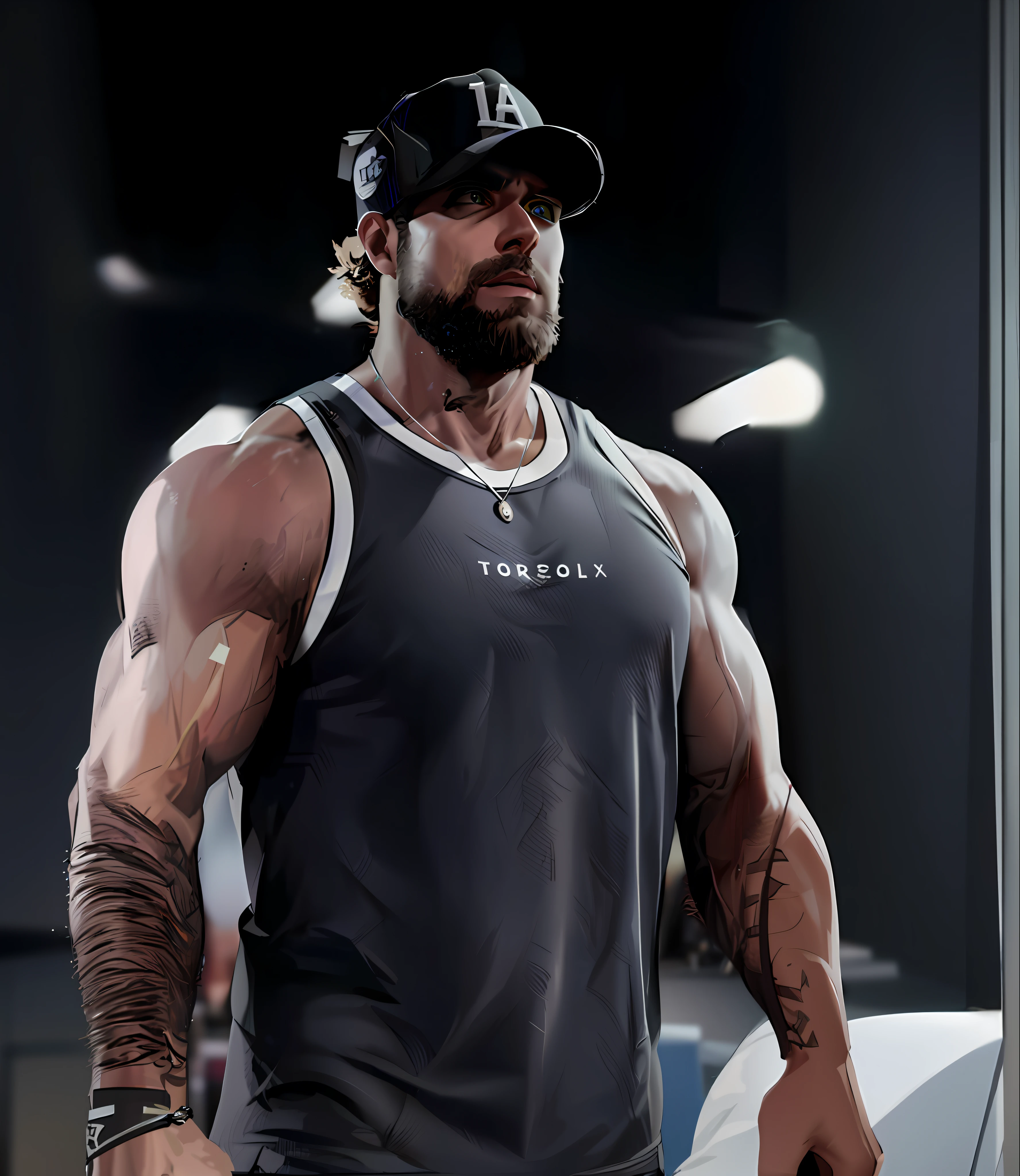 there is a man with a beard and a baseball cap on, muscular character, arnold 3d render, arnold 3 d render, arnold render, arnold rendering, style of gta v artworks, low detailed. digital painting, muscular characters, wearing tanktop, photorealistic artstyle, robust stocky body, wearing a tanktop, ultra detail. digital painting