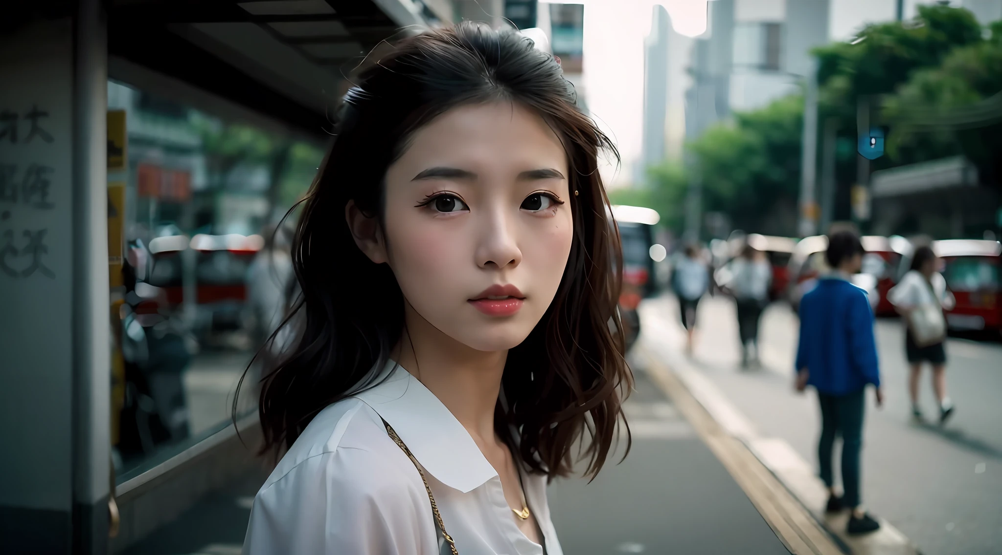 there is a woman standing on the side of the street, a young asian woman, photo of a beautiful woman, japanese model, a beautiful young woman, 50mm portrait, 60mm portrait, a cute young woman, chinese girl, an asian woman, color photograph portrait 4k, soft portrait shot 8 k, beautiful young korean woman