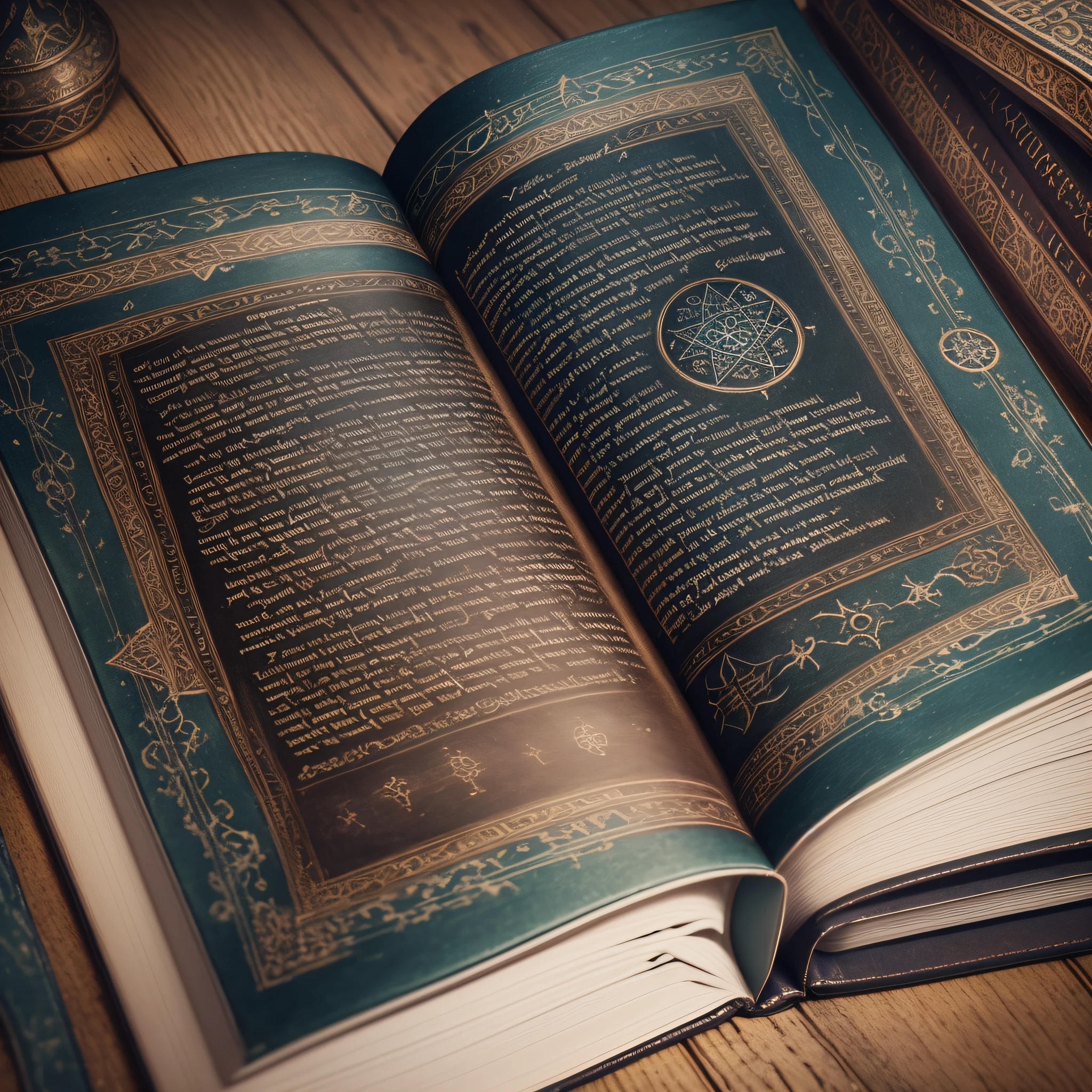 "Book of Shadows": A close-up image of a weathered and ancient-looking spell book, with intricate symbols, handwritten text, and mystical illustrations, symbolizing the knowledge and secrets of witches, Ultra realism, color field printing, high detail, UHD, 8k, anatomically correct, cinematic lighting 4d quality --auto --s2