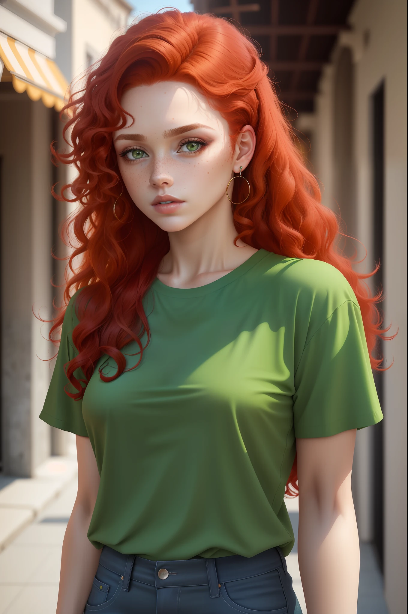 Aesthetic art, a woman, red hair, brown eyes, curly hair, freckles on both cheeks, full lips, sympathetic look, fair skin, green t-shirt, black jeans, small construction,