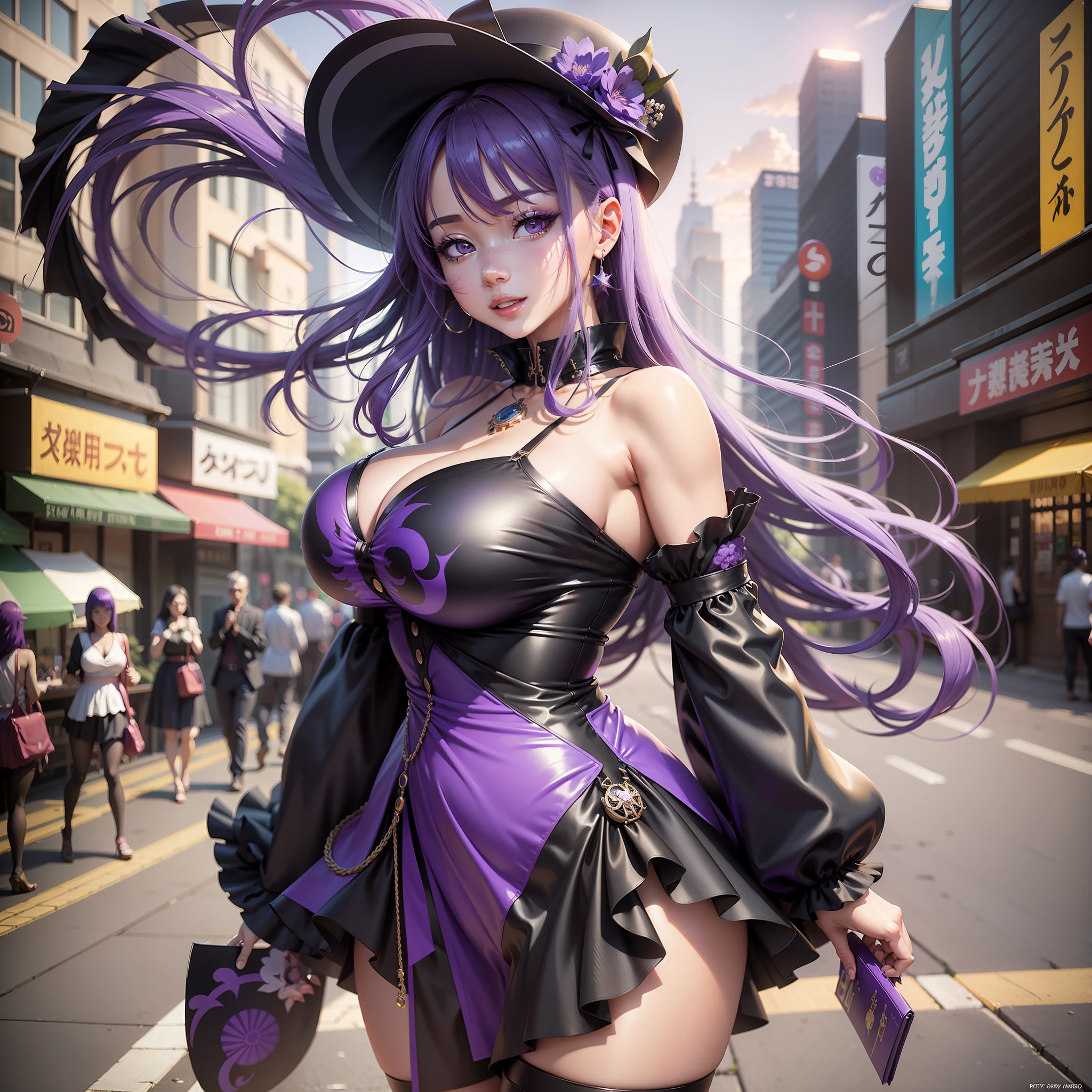 {High detailing, high quality, masterpiece, Artstation, pixiv, Anime Art 4k, cg art, SFW version} An anime girl, fair skin, [white skin: 0.8] anime girl with purple hair, anime style girl, doing a sensual pose, wearing a short ripped dress open at the belly, posing in a short dress torn in black color with violet details, wearing a black Japanese style hat, detailed body, tabby body, large thighs, large hips, thin waist [large breasts:  2.0], full breasts, large breasts, detailed eyes(eyes in high quality, eyes in color: purple), influence of the wind, [Background: big city, blue sky, daytime], Expression: Happy, smiling, smelling, Surrealism, Conceptual art, high detail, Pop art, Hyperrealism, anime style, depth of field, cinematic lighting, ray tracing, reflection light, UHD, masterpiece, textured skin, high quality, high details, super detail,  best quality, 8k