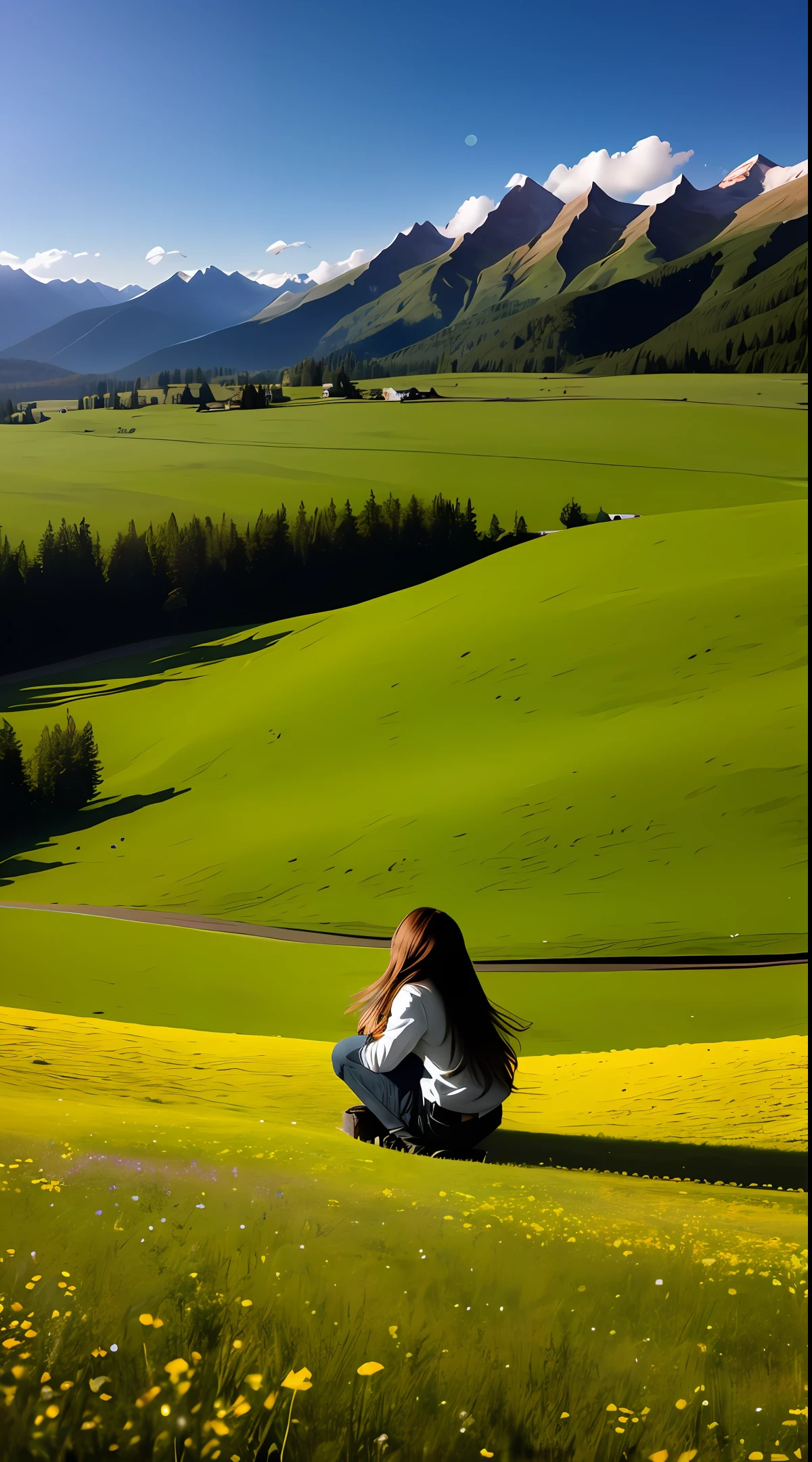 On a bright morning, a long-haired woman squatted on a meadow, looking at the distant peaks and roads.