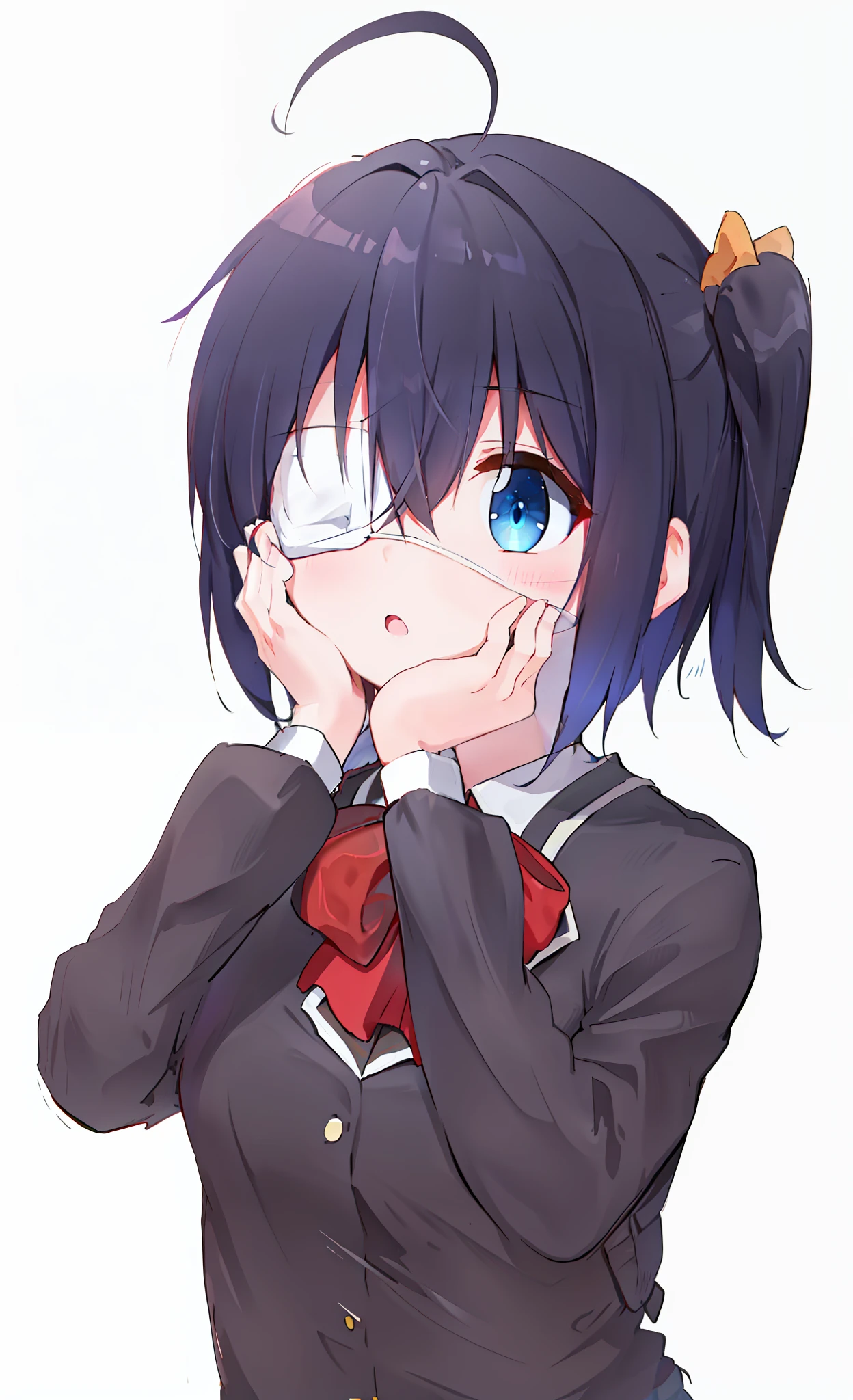 high res, masterpiece,Rikka Takanashi, black hair, solo, 1girl,outside,deatailed background, detailed eyes, ((blue eyes)), eyepatch