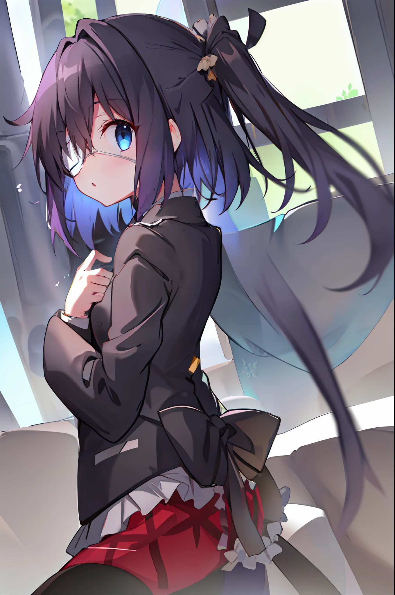 high res, masterpiece,Rikka Takanashi, black hair, solo, 1girl,outside,deatailed background, detailed eyes, ((blue eyes)), eyepatch