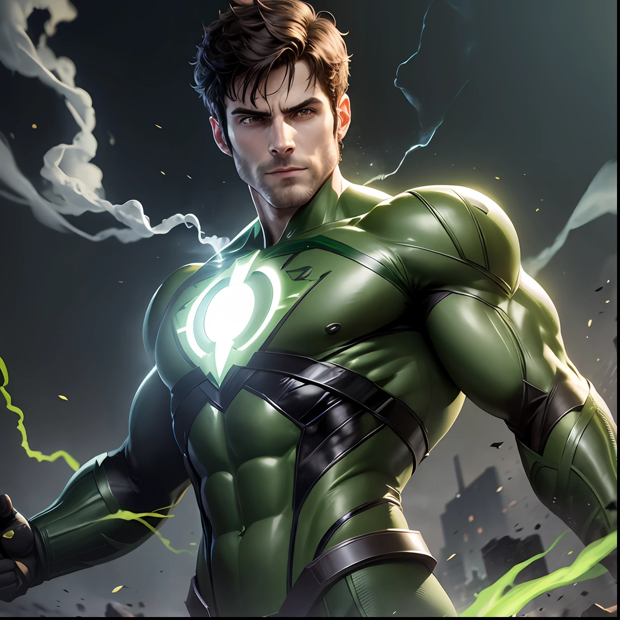 David Giuntoli, as the Green Lantern Character, Hal Jordan, mask (high quality), photorealistic, (oil painting) DC Comics, (solo), (dynamic pose), right, ((dark setting)), smoke, satanic realm, (the underworld), (dark landscape), antrum, muscular, (realistic), dynamic pose, cinematic, dramatic camera angle, silver armor: 0.25, (good anatomy), (good proportions), award-winning, masterpiece, centered, --auto --s2