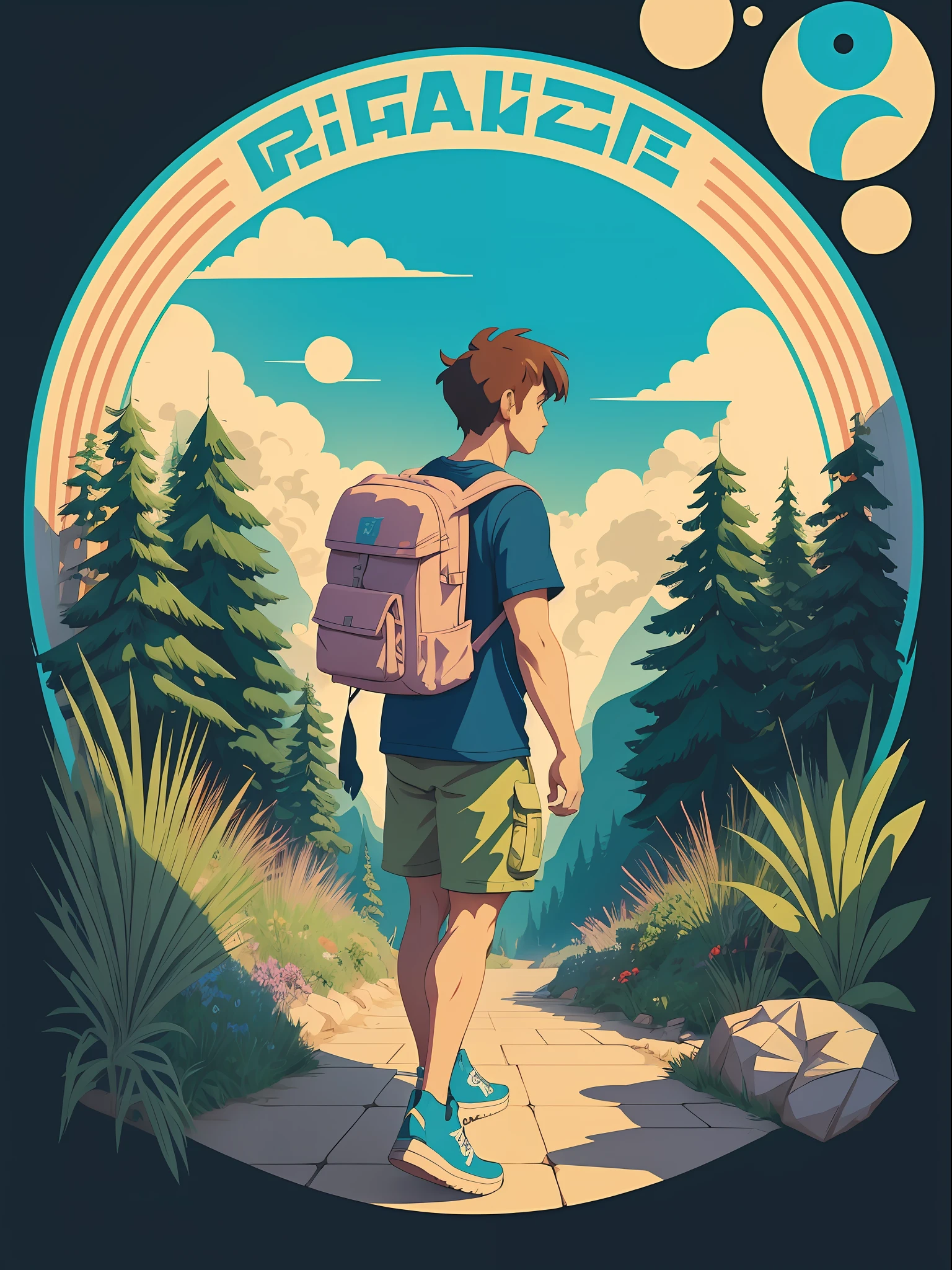 A detailed illustration of a walker, using a backpack, cartoon style, colors, two-dimensional, planar vector, character design, (((t-shirt design))), stickers, colorful splashes and T-shirt design, Studio Ghibli style, soft tetrad color, ((vector art)), fantasy art, watercolor effect, Alphonse Mucha, Adobe Illustrator, hand painted, digital painting, low polygon, soft lighting, aerial view, isometric style, retro aesthetic, people-focused, 8K resolution, using 4D Cinema