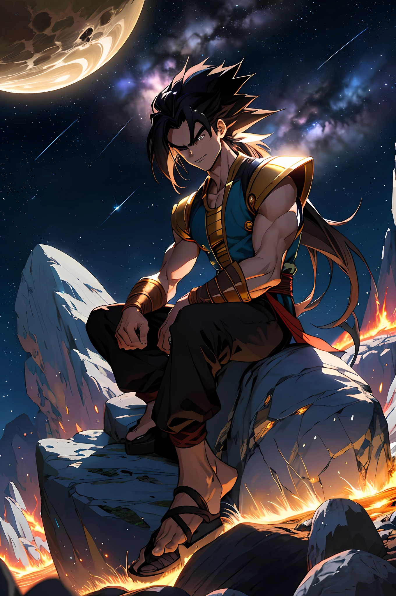 Draw a young Raditz with long hair sitting on a rock in the middle of an asteroid belt. He is wearing a brown armor of the saiyans. It is surrounded by several l asteroids glowing with auras of fire. The dramatic illumination of distant stars illuminates the scene, casting deep shadows on the costume. The young man seems confident and arrogant, looking at the vast and mysterious universe with admiration and respect.
