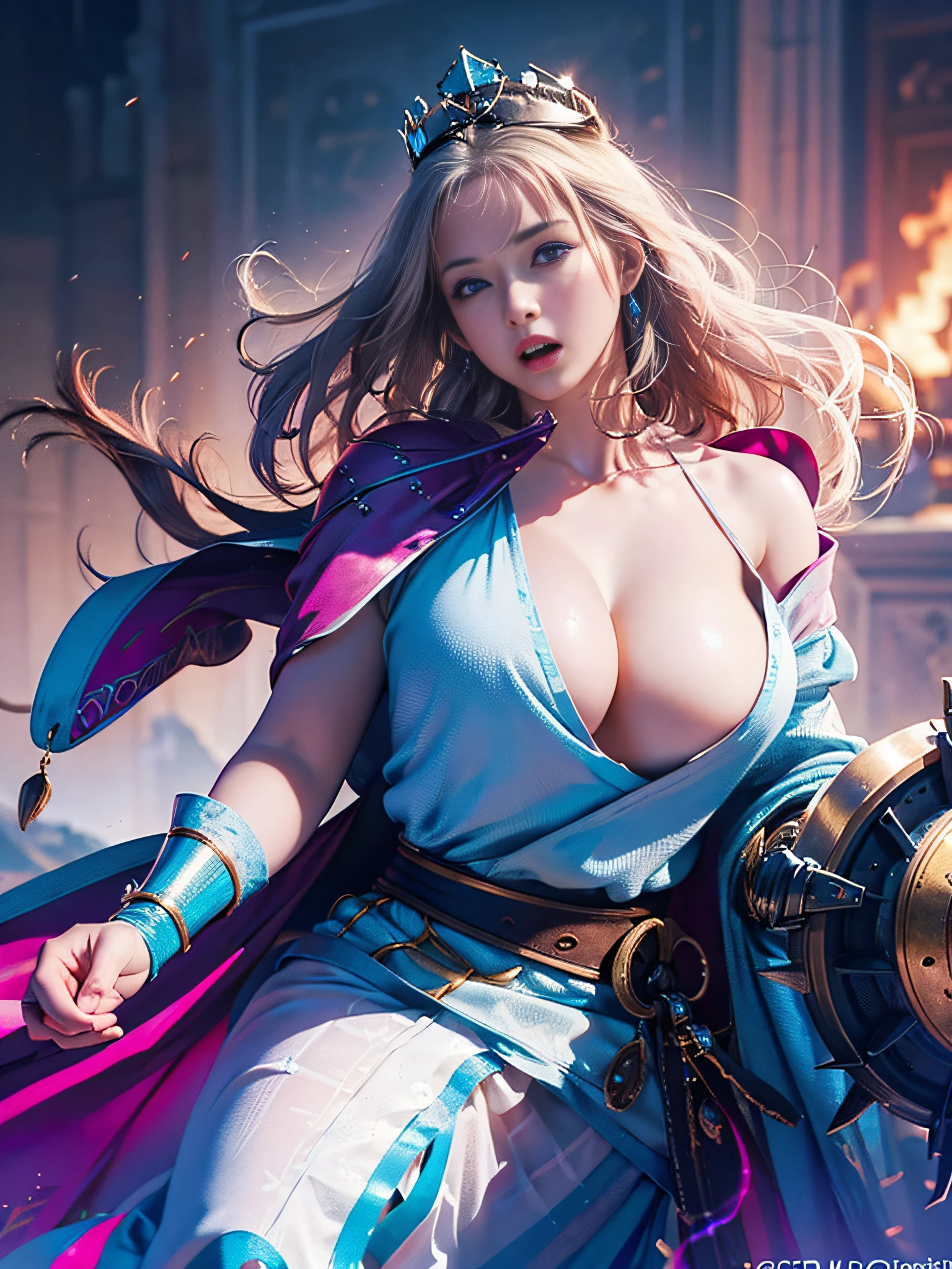 Official Art, Unity 8k wallpaper, ultra detail, masterpiece, best quality, one woman, (very detailed),(RAW photo, best quality), (realistic, photorealistic:1.3), high definition, open mouth wide, ultra-detailed complex 3D rendering of face, (big breasts: 8.8), (highly detailed skin: 1.2), (exposure: 1.1), Beautiful Caucasian woman with white skin with full soft breasts with big ass (topless), breasts, black hair, blue eyes, long hair, (translucent pink tank top), dynamic angle, mystical expression, fire glow effect, fantasy background, rim lighting, side light, cinematic light, ultra high definition, 8k, film grain,best shadow, light particles, detailed skin texture, Detailed jewel armor texture, detailed face, intricate detail, super detailed, bright, strong, silver armor, cleavage, slender abs, has glowing weapons, has a shield, pole dron, (beautiful huge crown with detail)), shining eyes, long purple cloak, fantasy, (realistic),