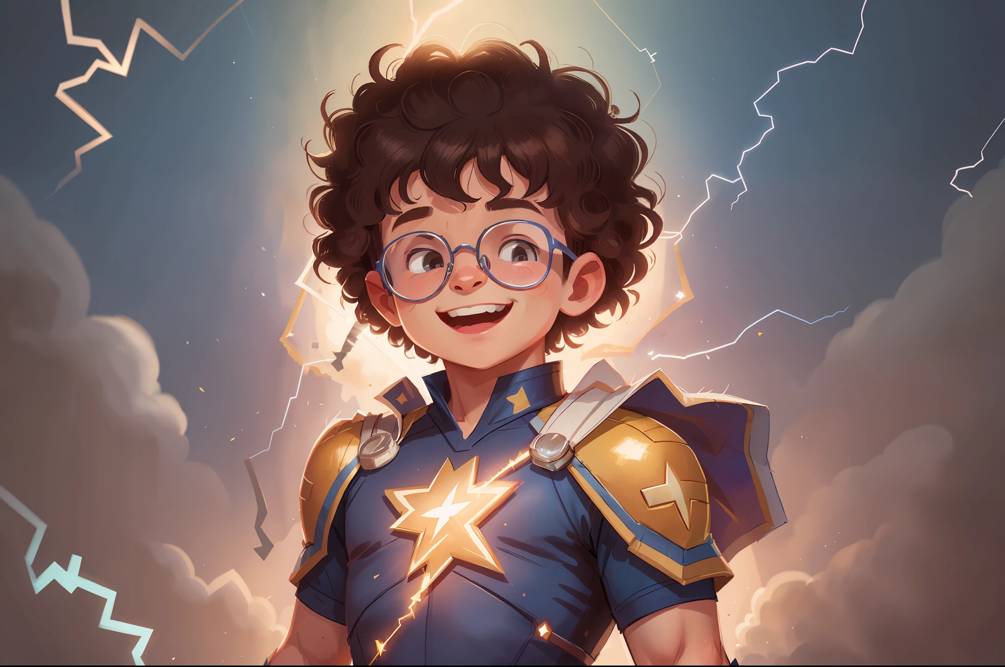 White boy, 8 years old, smiling, curly hair, glasses, superhero uniform with lightning bolt symbol on chest