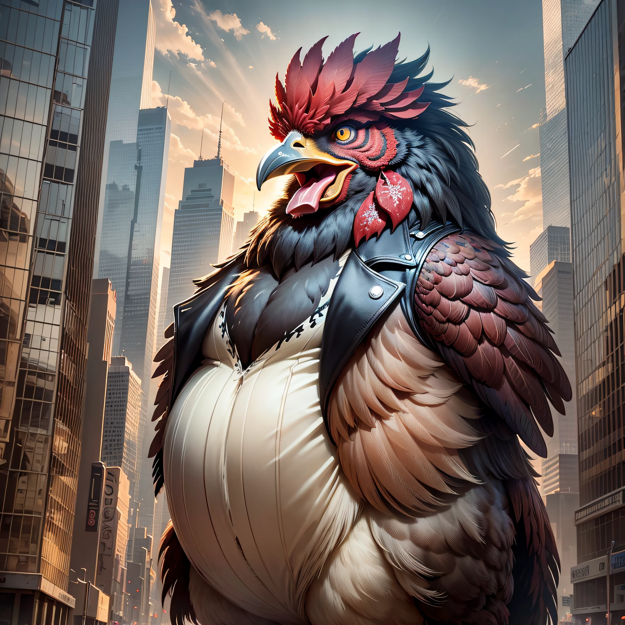 ((best quality)), ((ultradetailed)), ((masterpiece)), illustration, theme: animal mafia, animal: angry rooster, build: very fat, big comb, big wattles, hold burger: jacket, expression: fierce, screaming, period view: looking forward 3/4, background: dark and sandy atmosphere, resolution: 8K --auto --s2