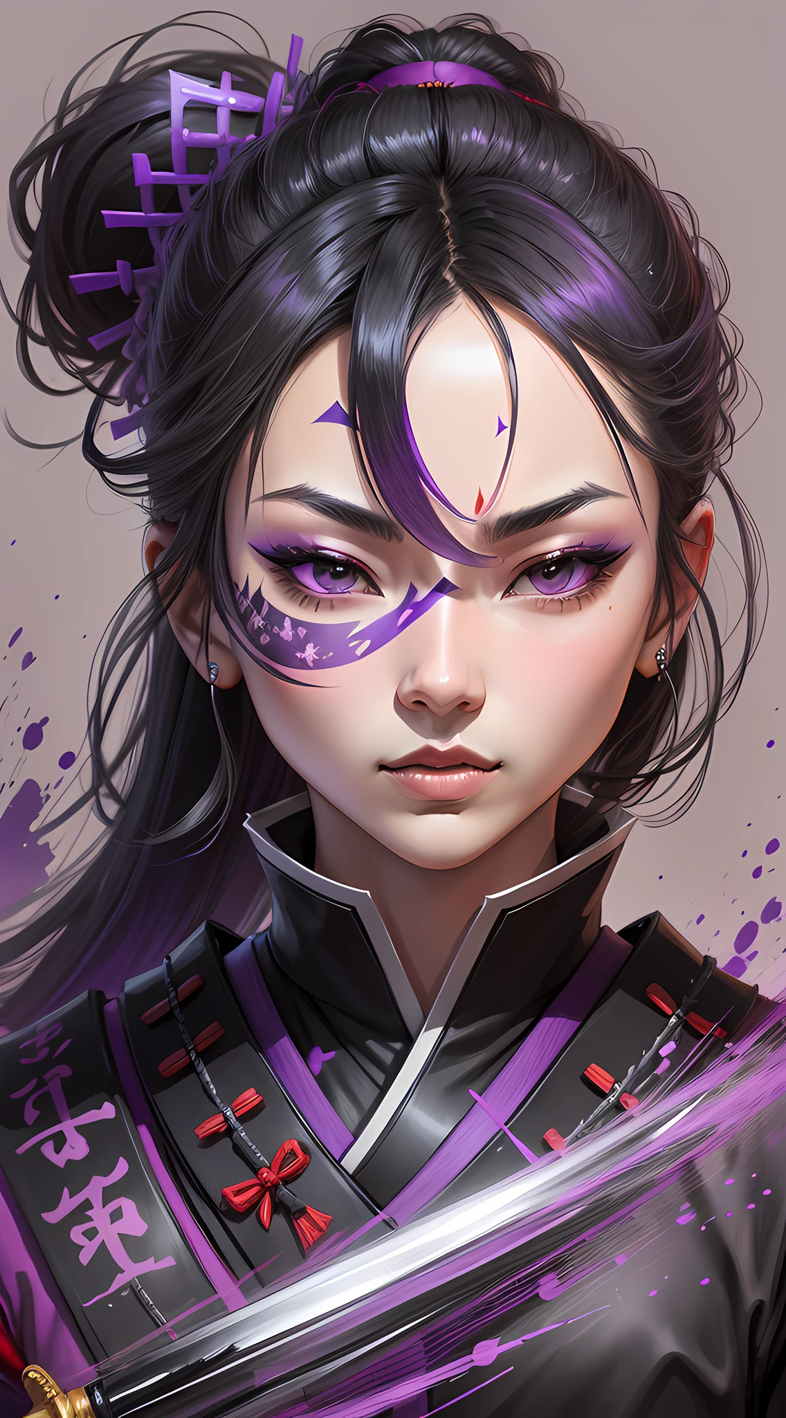 Samurai shadow, sketch, shades of black and purple