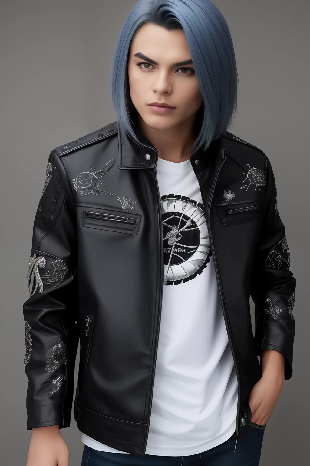 Beyblade Name: Thunderstorm Cyclone
Gucci Outfit: A sleek and modern black leather jacket with intricate silver lightning bolt embroidery, paired with dark blue denim jeans and silver-studded black leather boots. Complete the look with a silver chain necklace featuring a cyclone pendant.
