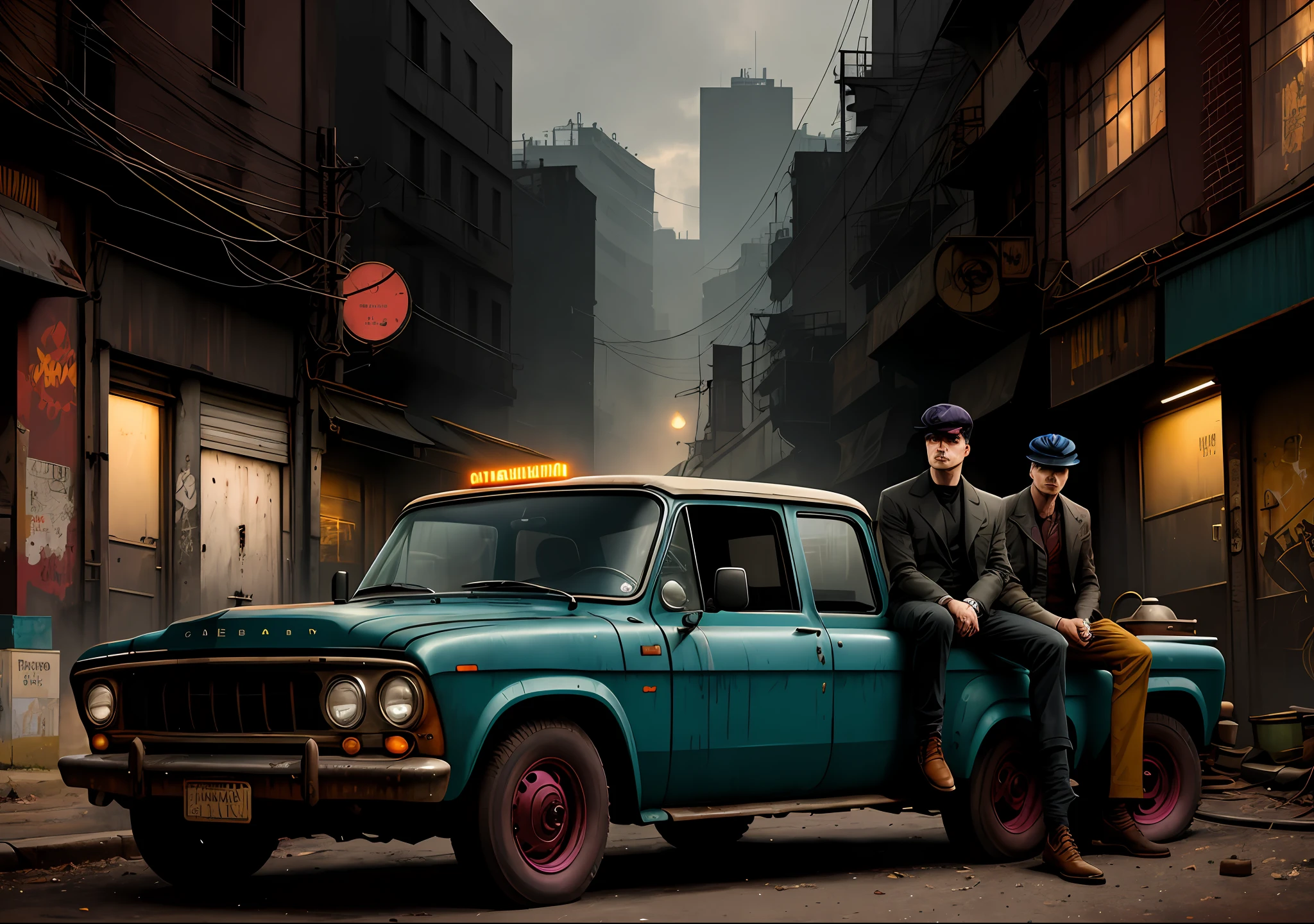 Thomas shelby FURIOUS dark: with the body covered, sitting next to an old truck, realistic epic, portrait of halo, atey ghailan, of greg rutkowski, of greg tocchini, of james gilleard, of joe fenton, of kaethe butcher, gradient yellow, color scheme black, brown and magenta, grunge aesthetic!!! Graffiti brand wall background, art by Greg Rutkowski and Artgerm, soft cinematic light, Adobe Lightroom, Photo Lab, HDR, intricate, highly detailed, (depth of field: 1.4), faded, (neutral colors: 1.2), (HDR: 1.4), (soft colors:1.2), hyperdetailed, (Artstation:1.4), cinematic, warm lights, dramatic light, (intricate details:1.1), complex background, (Rutkowski:0.66), (blue and orange:0.4)
