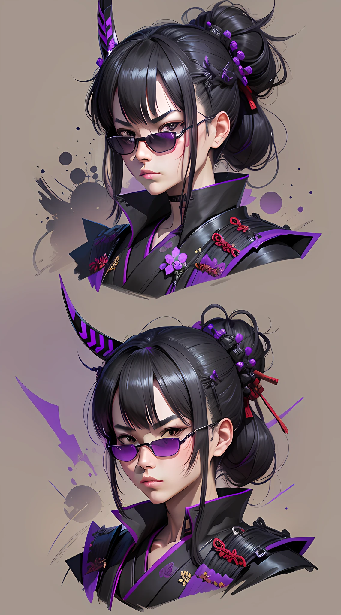 Samurai shadow, sketch, shades of black and purple