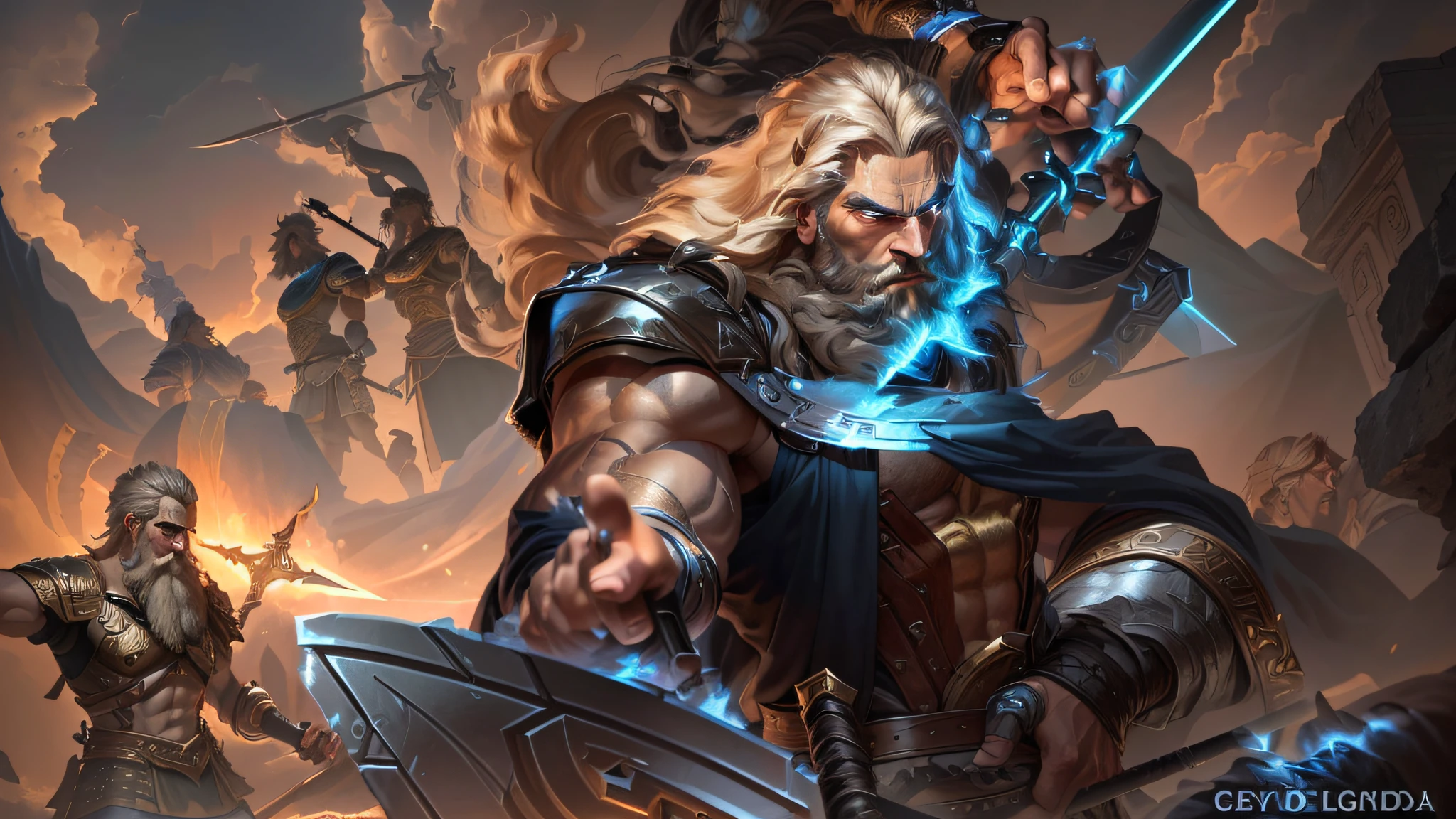 a close up of a man with a sword and a sword in his hand, furious god zeus, painted portrait of rugged zeus, sylas, epic scene of zeus, portrait of rugged zeus, portrait zeus, the god zeus, legendary god holding spear, zeus, the god poseidon, portrait of zeus, league of legends character art, by Yang J