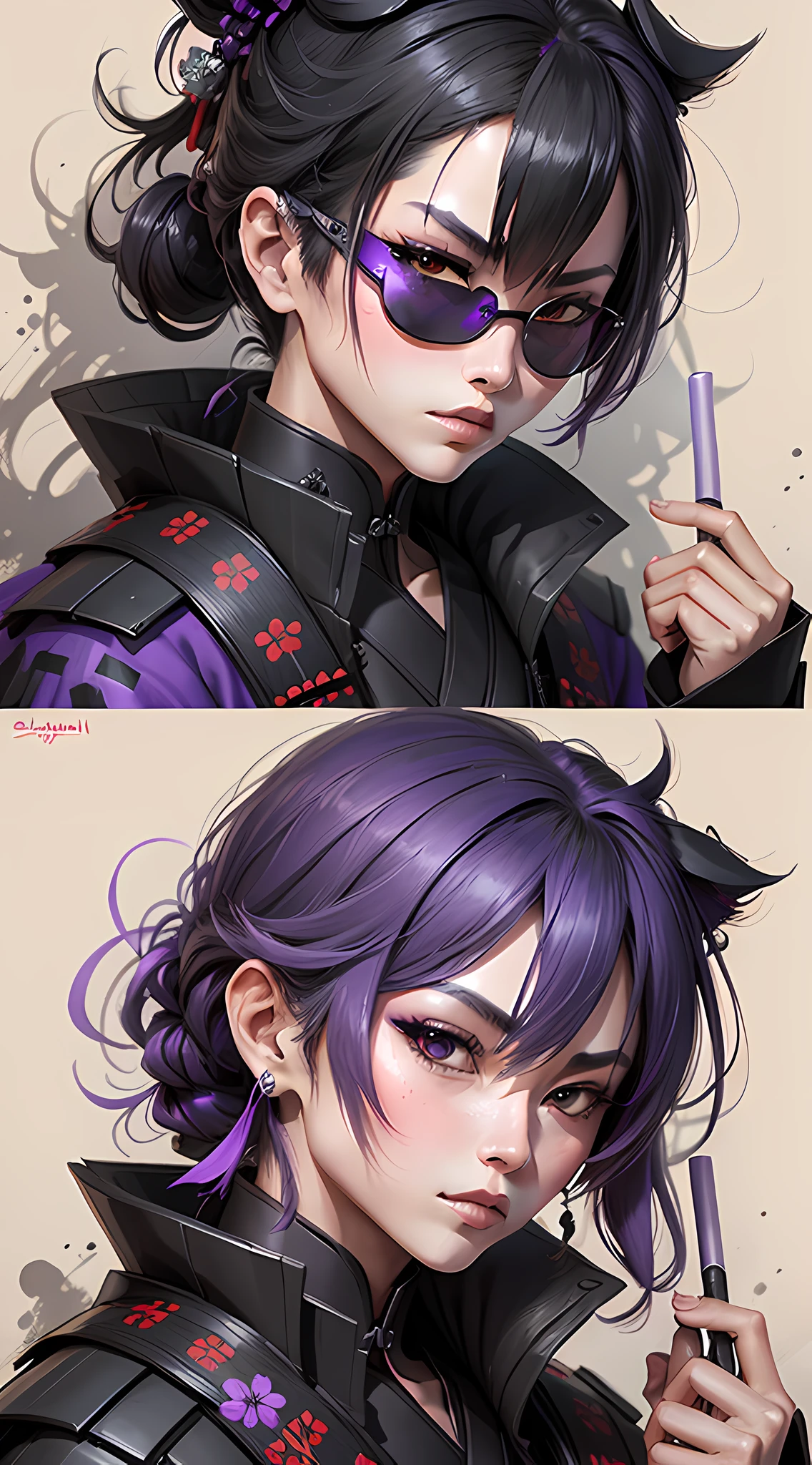 Samurai shadow, sketch, shades of black and purple