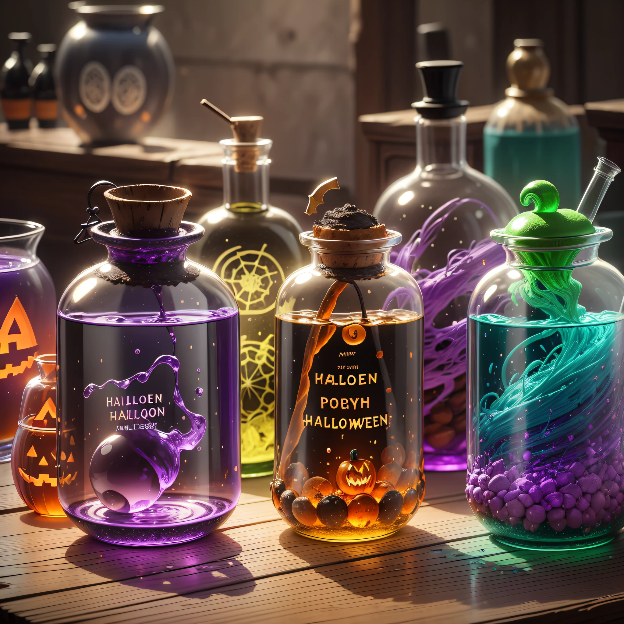 "Halloween Potions": An array of colorful potion bottles, each containing a different magical elixir, with swirling liquids and whimsical labels, representing the magical concoctions brewed by witches, Ultra realism, color field printing, high detail, UHD, 8k, anatomically correct, cinematic lighting 4d quality --auto --s2