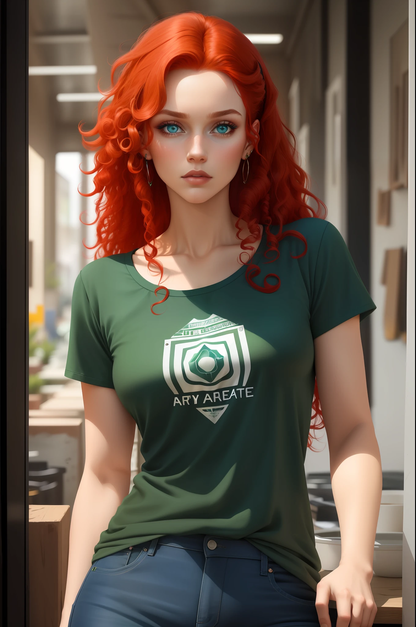 Aesthetic art, a woman, red hair, blue eyes, curly hair, full lips, sympathetic look, fair skin, green t-shirt, black jeans, small construction,