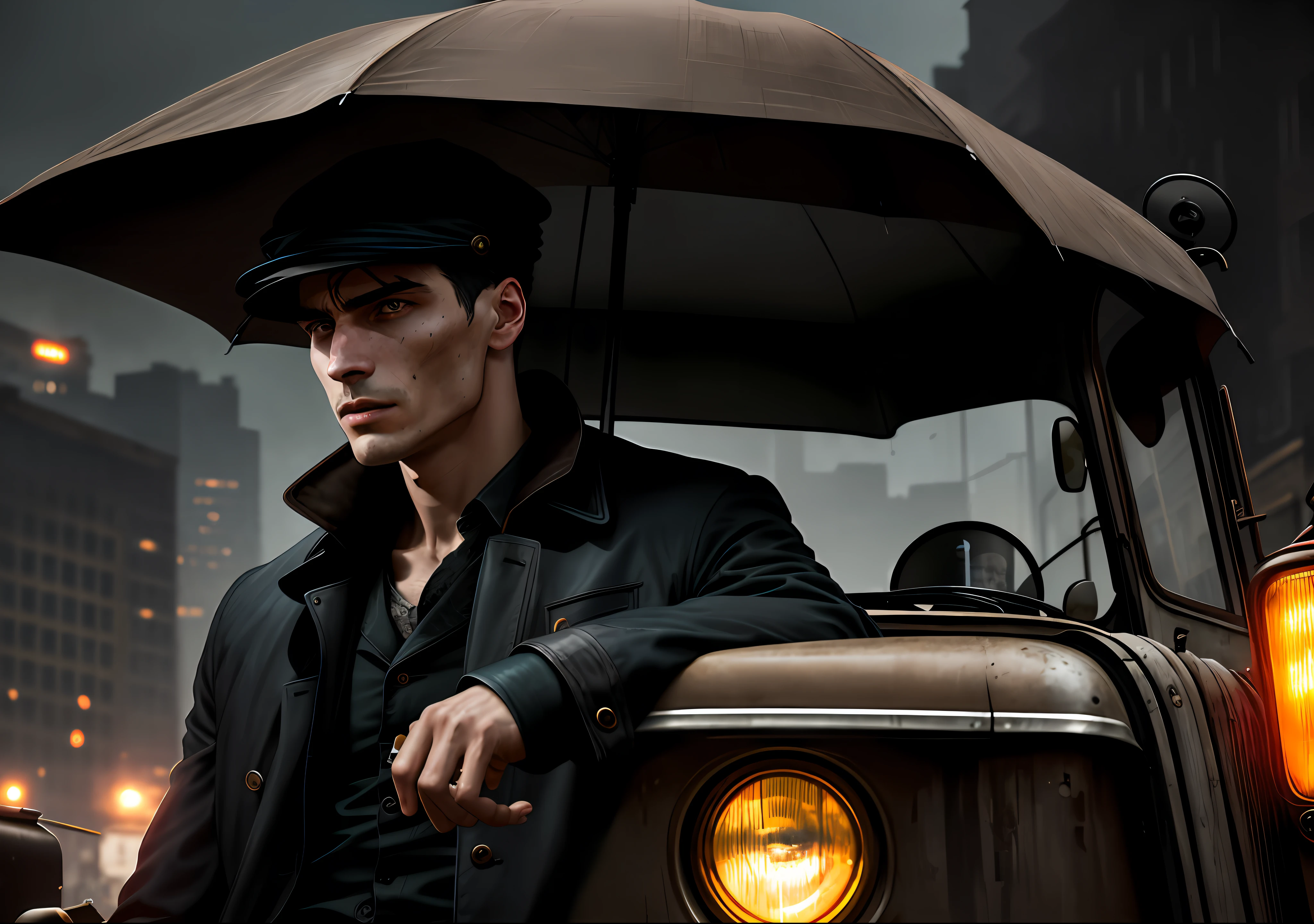 Thomas shelby FURIOUS dark: with the body covered, sitting next to an old truck, realistic epic, portrait of halo, atey ghailan, of greg rutkowski, of greg tocchini, of james gilleard, of joe fenton, of kaethe butcher, gradient yellow, color scheme black, brown and magenta, grunge aesthetic!!! Graffiti brand wall background, art by Greg Rutkowski and Artgerm, soft cinematic light, Adobe Lightroom, Photo Lab, HDR, intricate, highly detailed, (depth of field: 1.4), faded, (neutral colors: 1.2), (HDR: 1.4), (soft colors:1.2), hyperdetailed, (Artstation:1.4), cinematic, warm lights, dramatic light, (intricate details:1.1), complex background, (Rutkowski:0.66), (blue and orange:0.4)