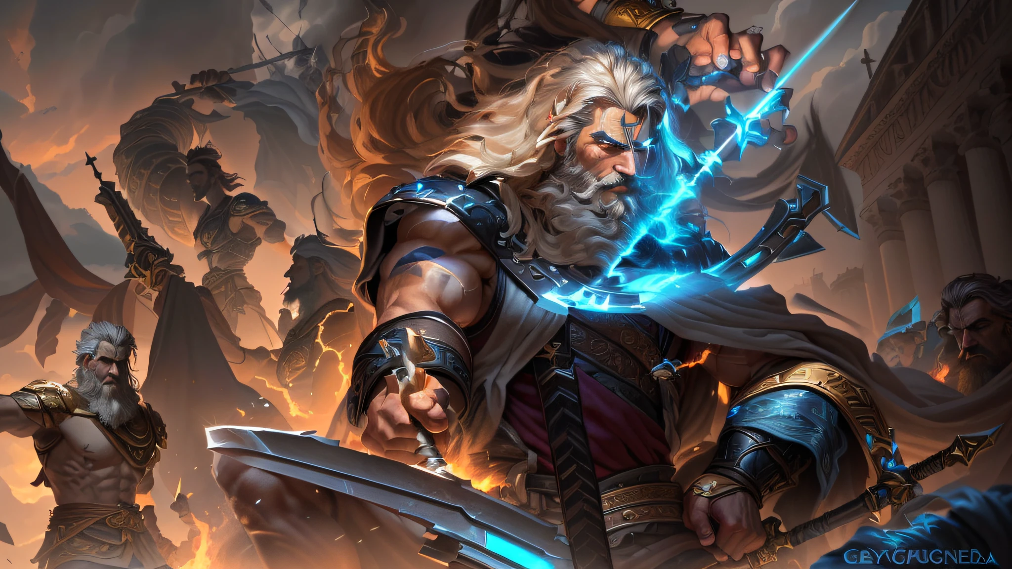 a close up of a man with a sword and a sword in his hand, furious god zeus, painted portrait of rugged zeus, sylas, epic scene of zeus, portrait of rugged zeus, portrait zeus, the god zeus, legendary god holding spear, zeus, the god poseidon, portrait of zeus, league of legends character art, by Yang J