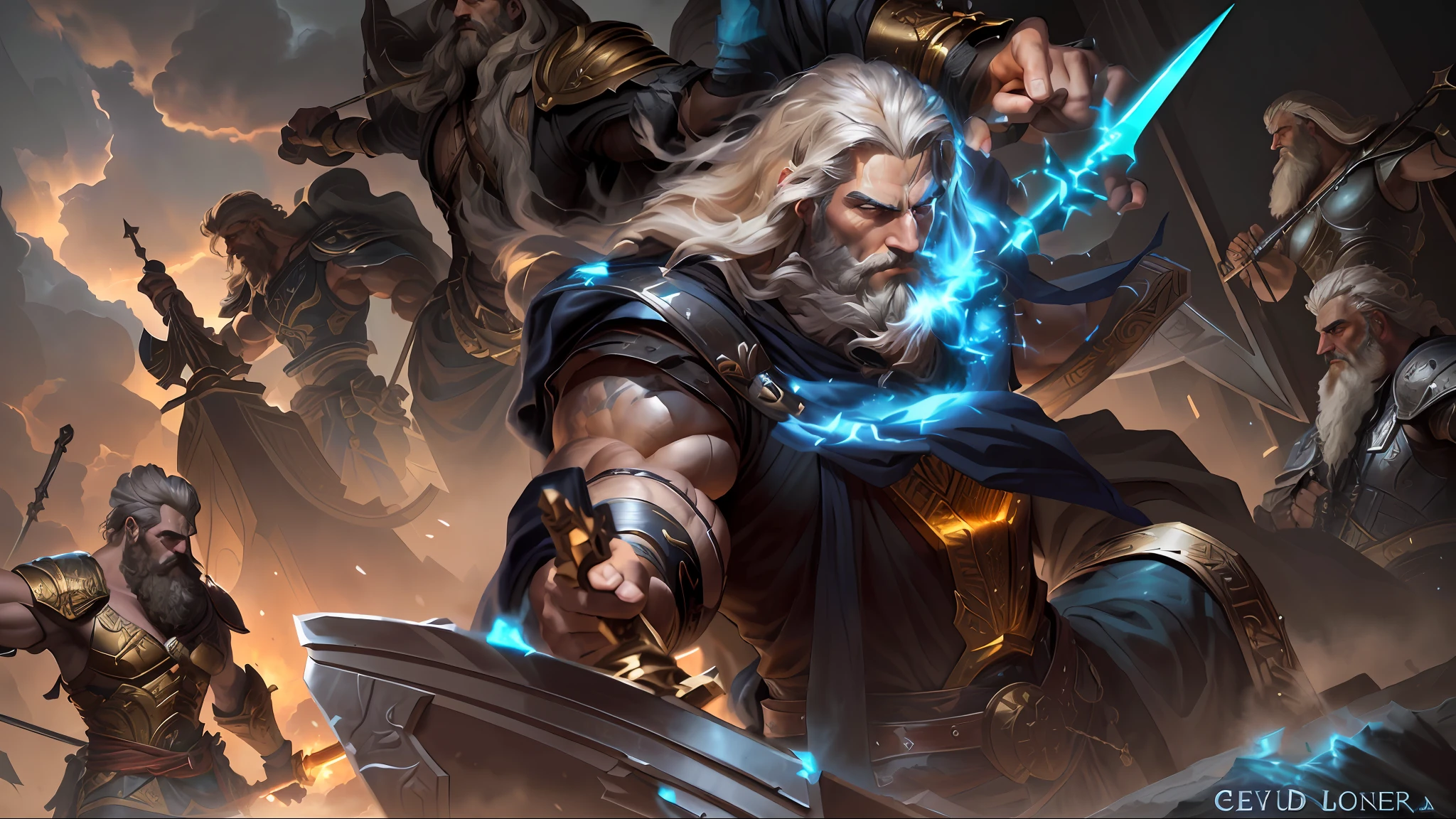 a close up of a man with a sword and a sword in his hand, furious god zeus, painted portrait of rugged zeus, sylas, epic scene of zeus, portrait of rugged zeus, portrait zeus, the god zeus, legendary god holding spear, zeus, the god poseidon, portrait of zeus, league of legends character art, by Yang J