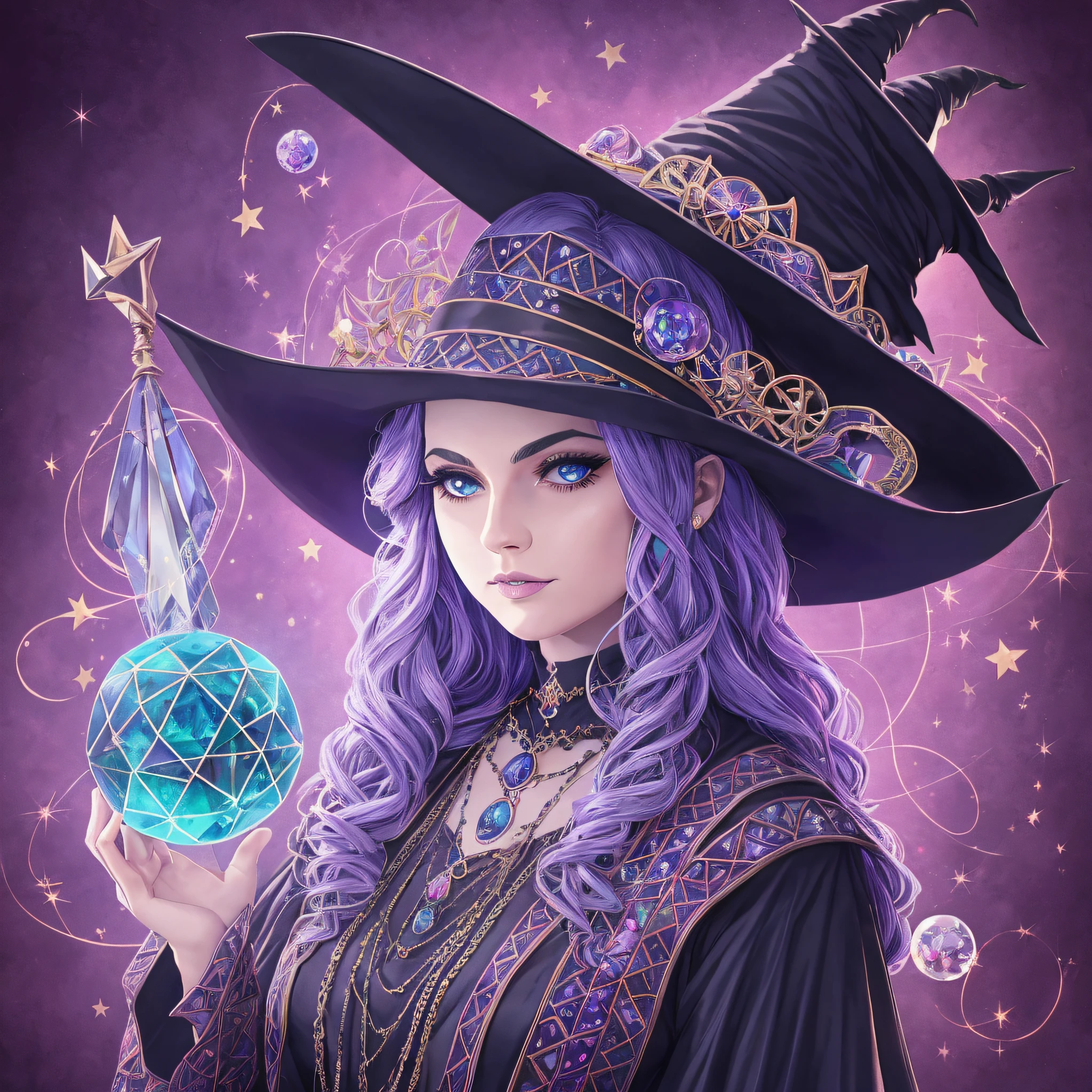 "Witchy Accessories": An illustration showcasing the iconic accessories of witches, including a pointed hat, broomstick, cauldron, and crystal ball, arranged in a visually appealing composition, Ultra realism, color field printing, high detail, UHD, 8k, anatomically correct, cinematic lighting 4d quality --auto --s2