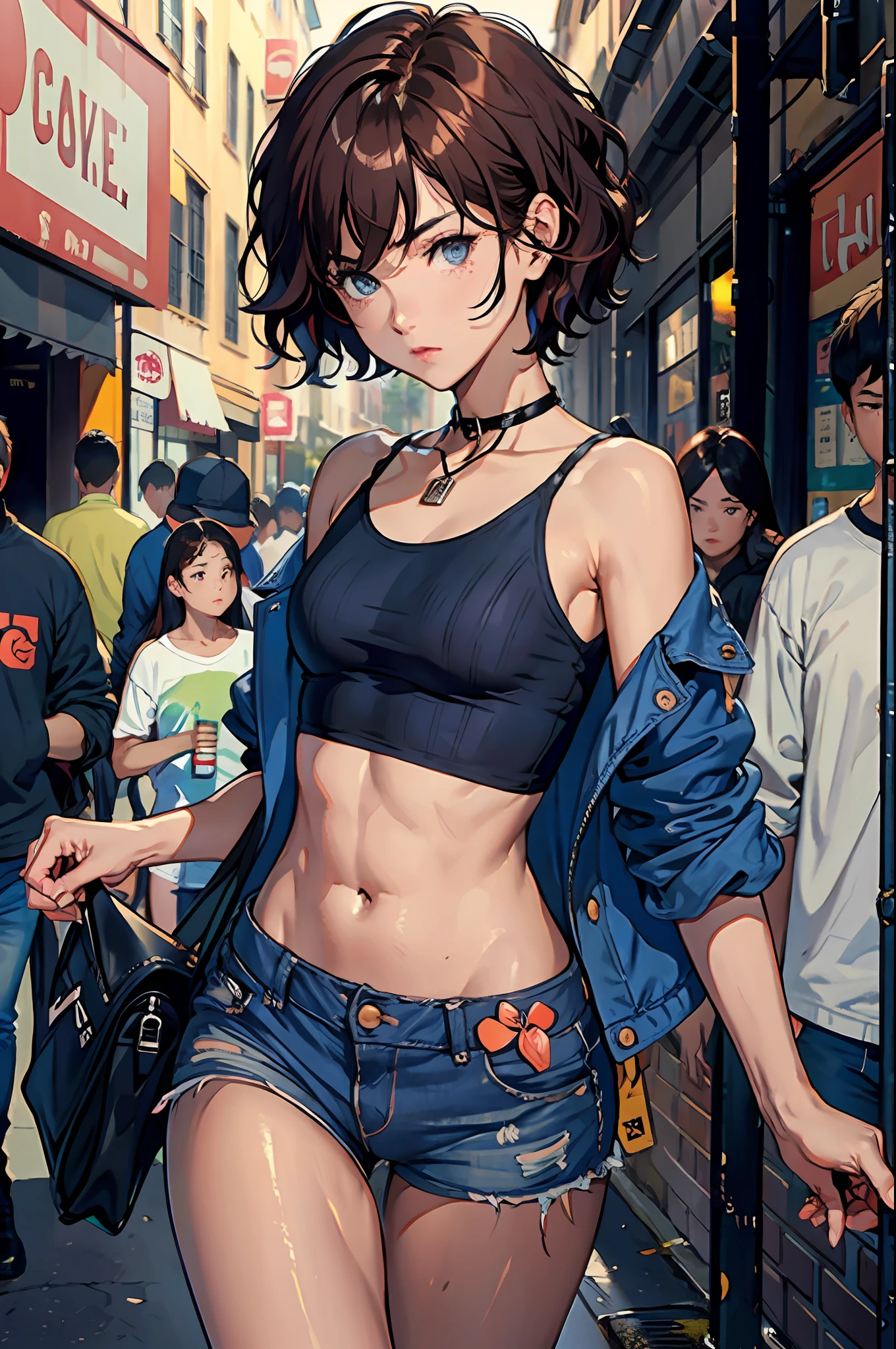 ((medium breast, tomboy girls, small head)), (chiseled abs : 1.1), (perfect body : 1.1), (short wavy hair : 1.2) , auburn hair, collar, chain, full body shot, crowded street, wearing black tanktop, jeans jacket, ((shorts)), (extremely detailed CG 8k wallpaper), (an extremely delicate and beautiful), (masterpiece), (best quality:1.0), (ultra highres:1.0)
