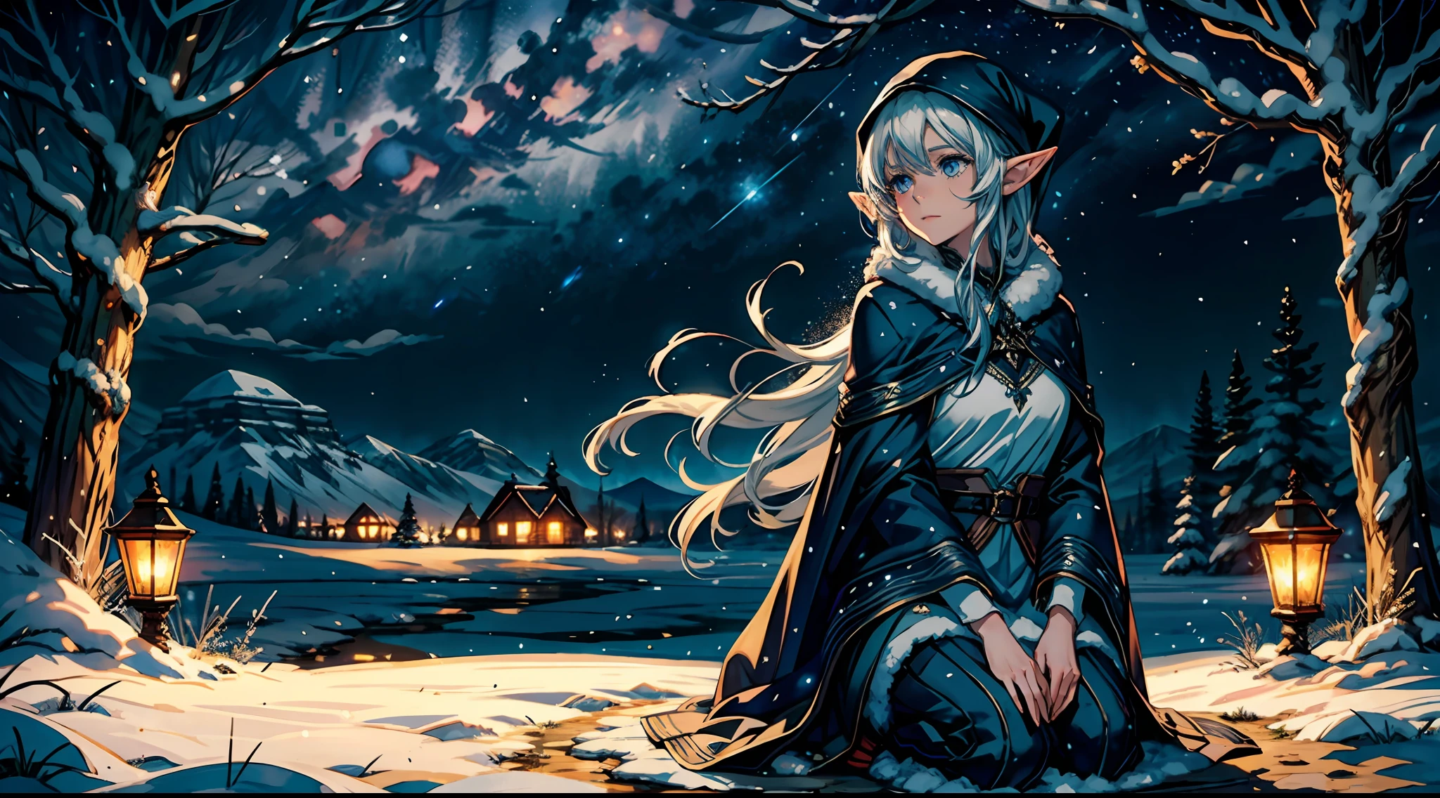 A mature elf with graceful features perches on a weathered tree stump in the vast plain. Her eyes are fixated on the night sky, where a tapestry of stars paints the darkness, accompanied by the mesmerizing trails of shooting stars. Despite the wintry chill, the elf is snugly wrapped in a plush fur cloak, shielding her from the cold. The ground beneath her is covered in a pristine layer of snow, reflecting the moon's radiant light. The atmosphere exudes a sense of tranquility and wonder. Painting, executed with watercolors on textured paper, capturing the ethereal glow of the moon and the delicate details of the elf's attire