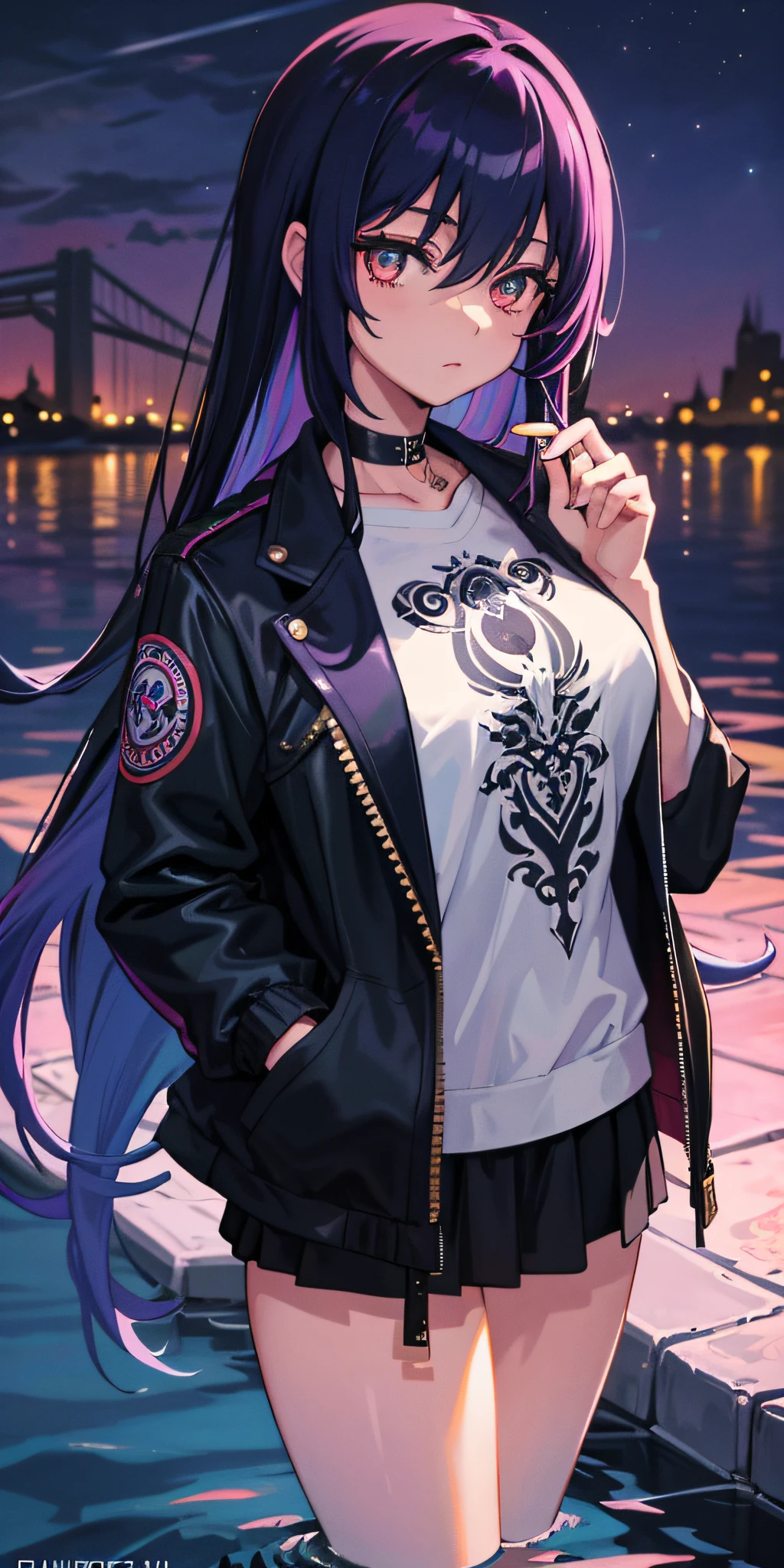 (masterpiece, best quality), 1girl, emo, beautiful hair, colorful hair, intricate jacket, magical tattoos, perfect night, cigarette, moonlight, water