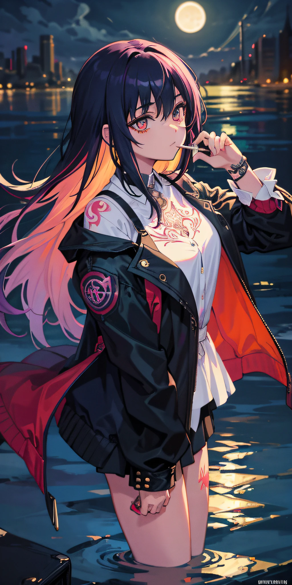 (masterpiece, best quality), 1girl, emo, beautiful hair, colorful hair, intricate jacket, magical tattoos, perfect night, cigarette, moonlight, water