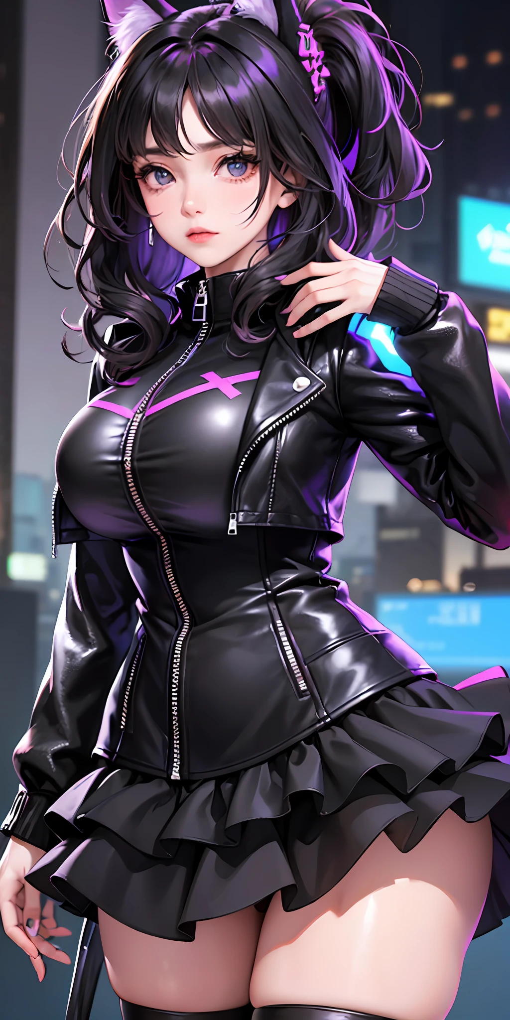 Symphony 2.5D, fashion trend women, cute, shy, beautiful and moving, exquisite facial makeup, messy hair, black hair and waist, wavy curly bangs, ponytail, (animal ears: 1.3), beautiful and delicate eyes, long eyelashes, huge breast weight, beautiful figure, beautiful curves, cyberpunk clothes, (jacket_hood, zipper open, leather gloss), (cotton fashion T-shirt), (frilled skirt), black stockings, (very dark: 1.4), neon light, blue and violet light, city night view, depth of field, Dreamy, Gaussian blur, (bust), from below