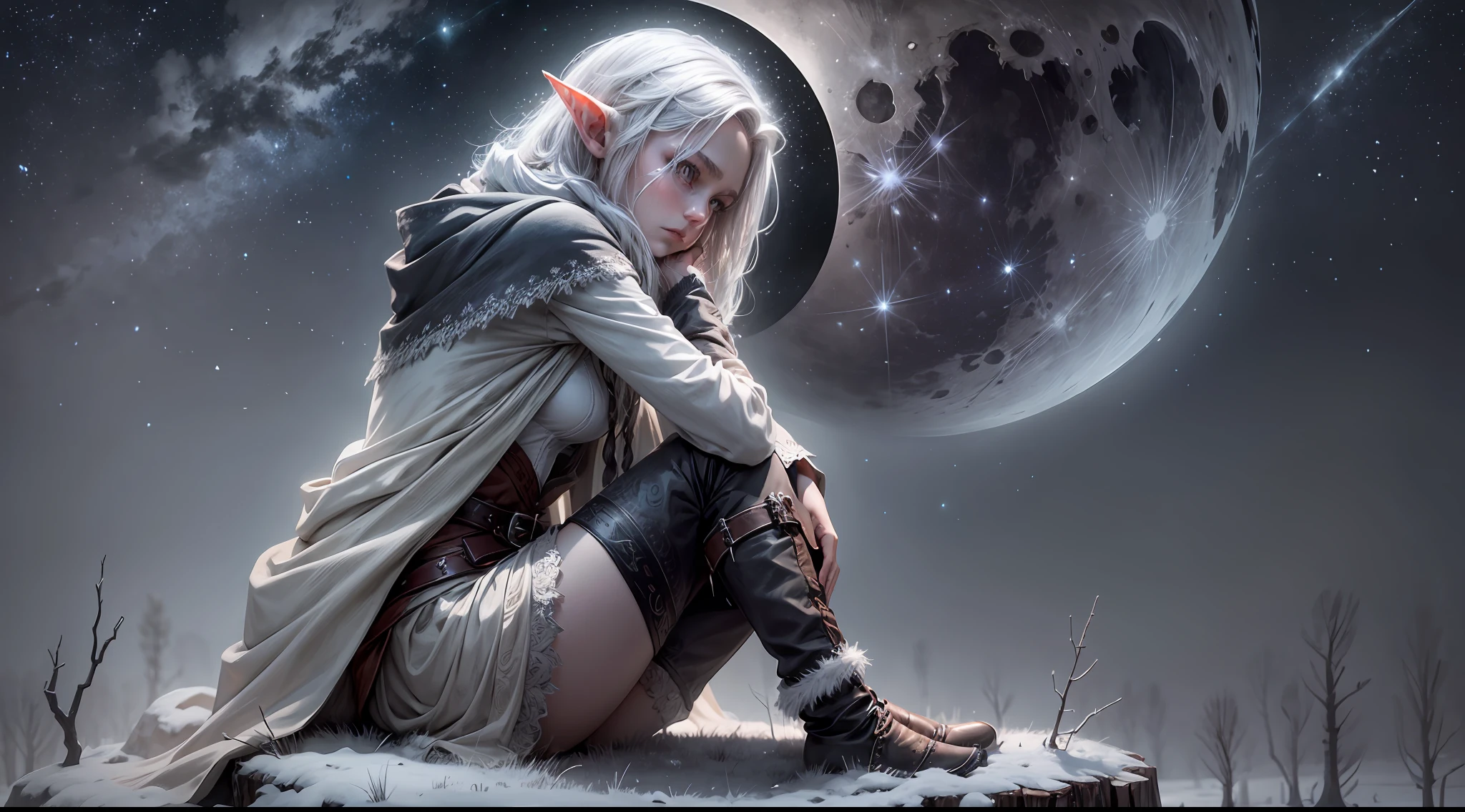 Perched on a solitary tree stump in the middle of a desolate plain, a mature elf gazes up at the night sky with a mixture of longing and melancholy. The vast expanse above is adorned with countless stars, their brilliance amplified by the streaking shooting stars that blaze through the darkness. Wrapped in a tattered, threadbare cloak, the elf braves the biting cold of the snowy landscape. The full moon hangs overhead, casting an eerie, ethereal light that sets an introspective mood. The atmosphere is tinged with a sense of solitude and introspection. Artwork, created with charcoal on canvas, capturing the haunting beauty of the elf's expression and the stark contrast between light and darkness