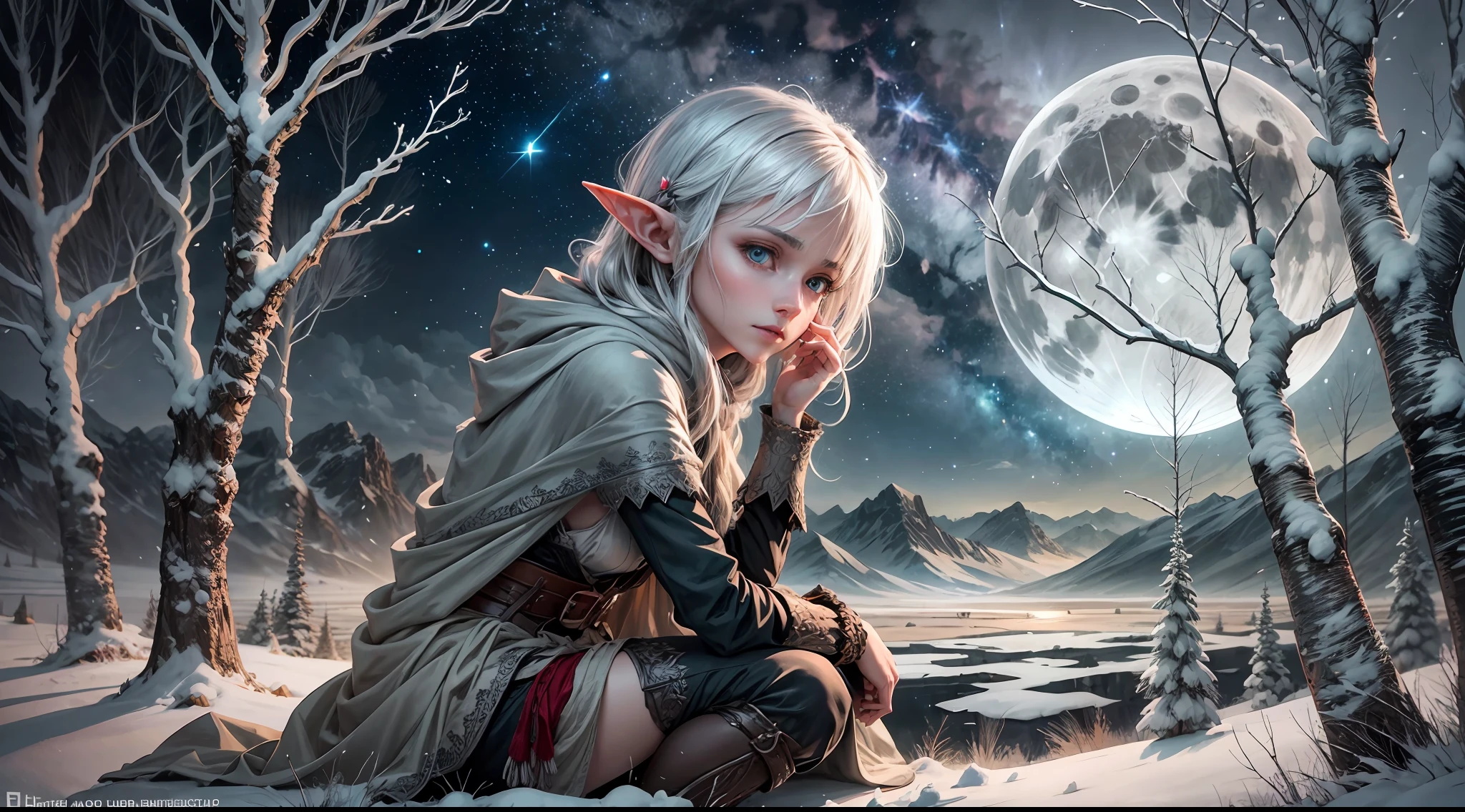 Perched on a solitary tree stump in the middle of a desolate plain, a mature elf gazes up at the night sky with a mixture of longing and melancholy. The vast expanse above is adorned with countless stars, their brilliance amplified by the streaking shooting stars that blaze through the darkness. Wrapped in a tattered, threadbare cloak, the elf braves the biting cold of the snowy landscape. The full moon hangs overhead, casting an eerie, ethereal light that sets an introspective mood. The atmosphere is tinged with a sense of solitude and introspection. Artwork, created with charcoal on canvas, capturing the haunting beauty of the elf's expression and the stark contrast between light and darkness