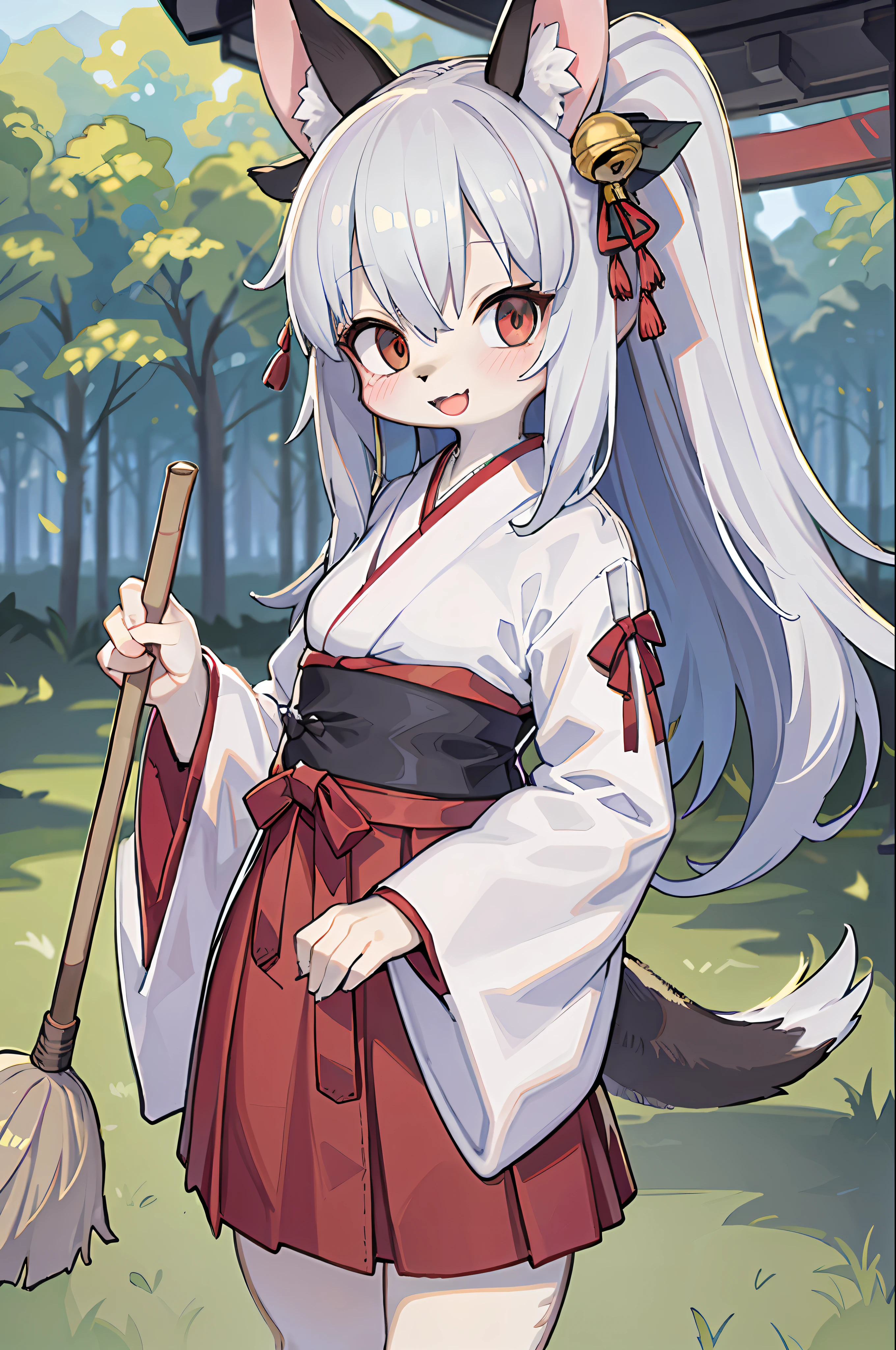 ((masterpiece, best quality)), furry, animal ears, tail, body fur, white hair
(Ultra Detailed), (Illustration), (Ultra High Resolution), (Fine Illustration), (Ultra Detailed),
1girl, :d, ahog, bamboo_broom, bangs, bell, black_ribbon, blur, blurry_background, blush, body_writing, bow, breast, broom, brown_eyes, brown_hair, day, depth_of_field, eyebrows_visible_through_hair, feathers, hair_ bell, hair_between_eyes, hair_ornament, hair_ribbon, hakama, hakama_skirt, hold, holding_broom, japanese_clothes, jingle_bell, kimono, long_hair, long_sleeves, looking_at_viewer, medium_ breasts, miko, one_side_up, open_mouth, outdoor, red_bow, red_hakama, ribbon, ribbon trimmed_sleeves, ribbon_trim, rope, shimoto wheel, skirt, smile, solo, torii, very_long_hair, white_feathers, white_kimono, wide_sleeves